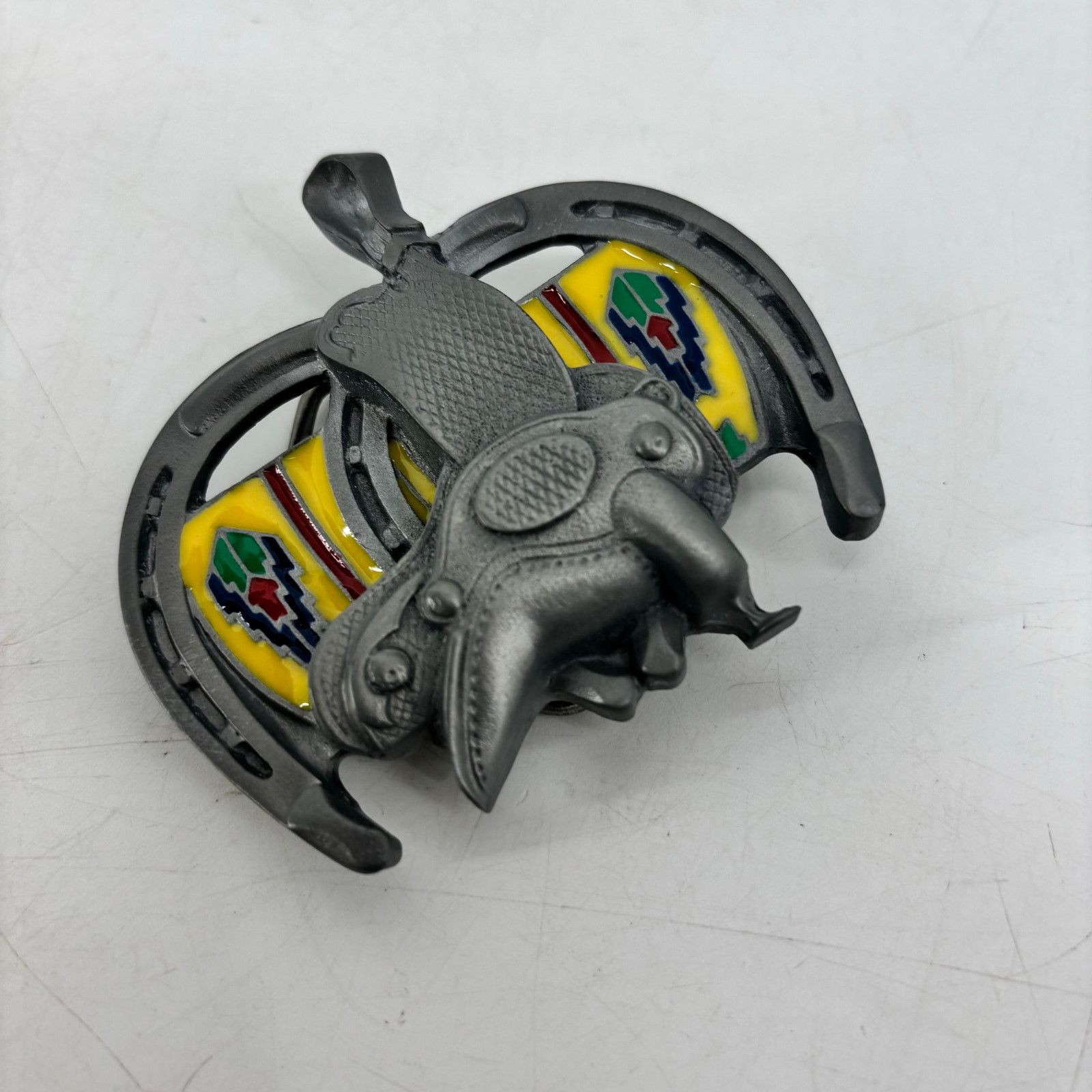 Vintage Western Belt Buckle Saddle Horseshoe Pewter Enamel Southwest Size ONE SIZE - 10 Thumbnail