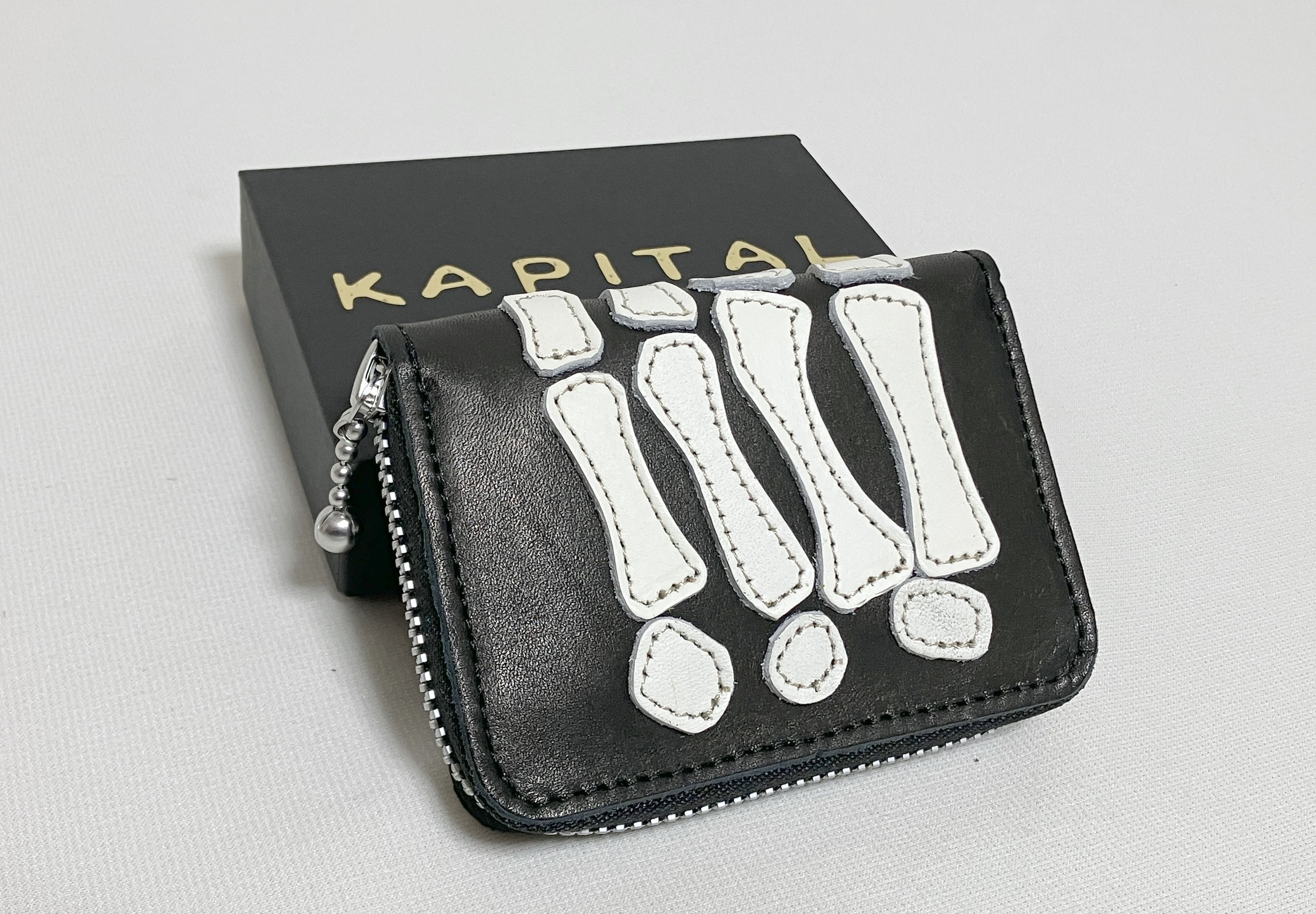 Kapital Kapital THUMBS UP BONE HAND ZIP mini leather wallet black 