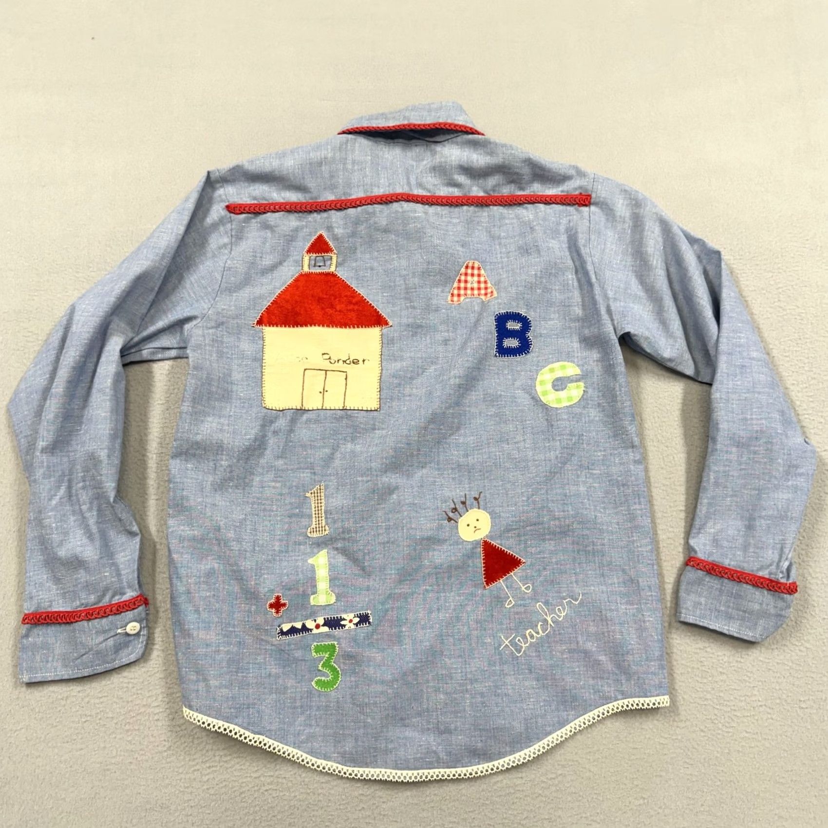 Apple Vintage ELY Shirt Mens M Blue Chambray Teacher Cat Applique 70s Button-Up Long Sleeve Size US M / EU 48-50 / 2 - 7 Thumbnail