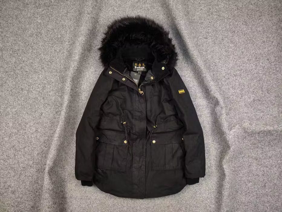 image of Barbour International Picard Wax Black Hooded Winter Jacket, Women's (Size 2XL)