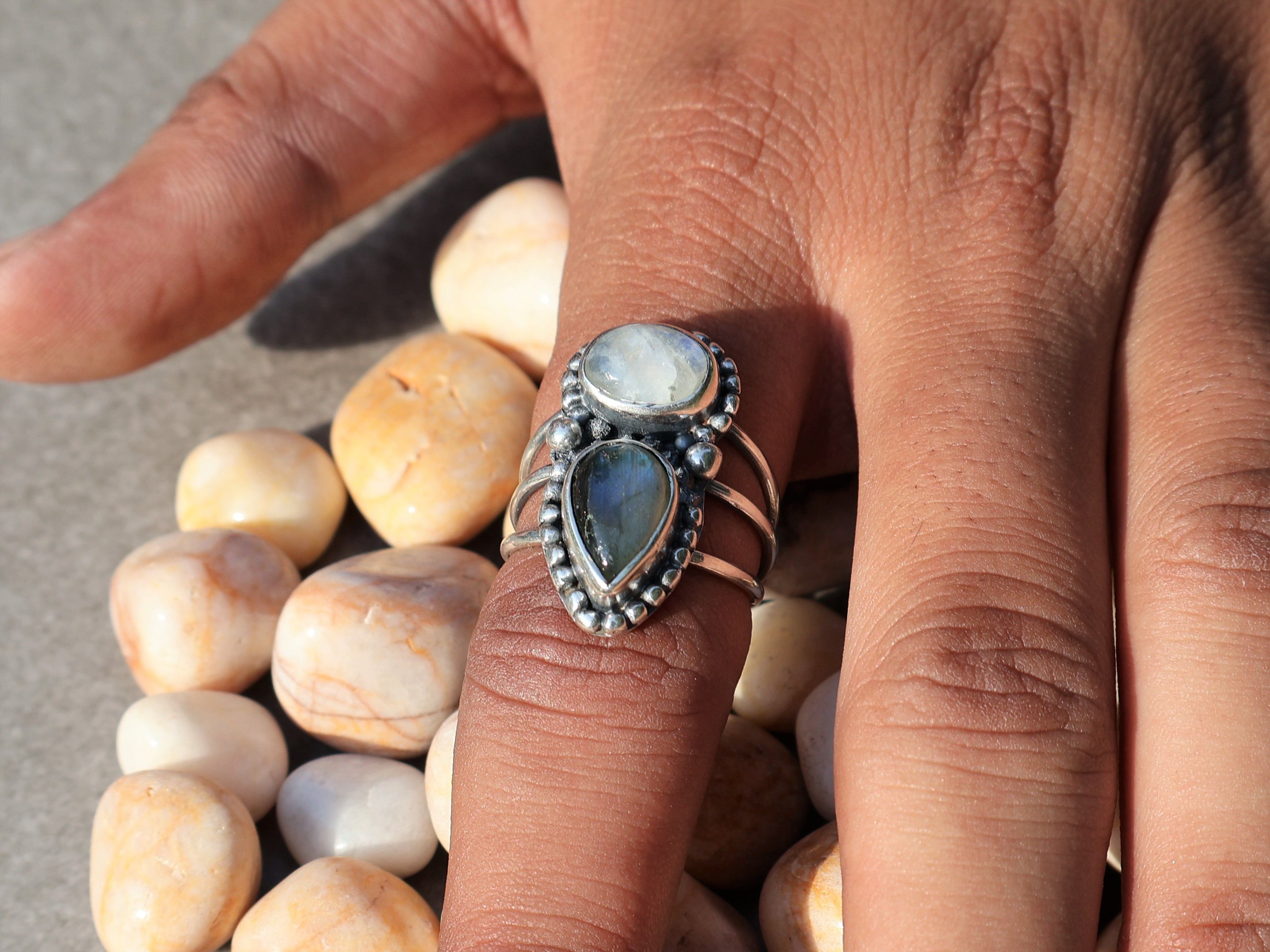 Handmade Moonstone Labradorite Ring, Handmade Sterling Silver Ring, Size ONE SIZE - 7 Thumbnail