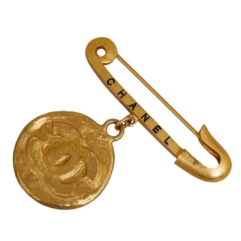 image of Chanel Cc Coin Safety Pin Brooch in Gold, Women's
