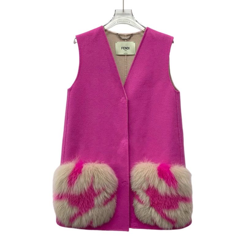 Fendi FENDI Pink Fur Pocket Wool V-Neck Sleeveless Vest Jacket X Size 4XL / US 24-26 - 1 Thumbnail