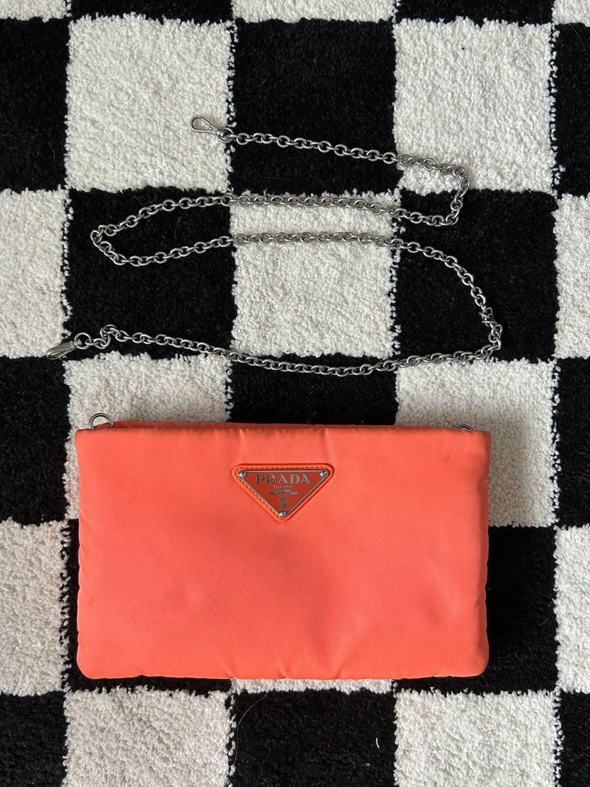 image of Prada Ss19 Neon Orange Tessuto Clutch Bag With Chain Strap, Women's