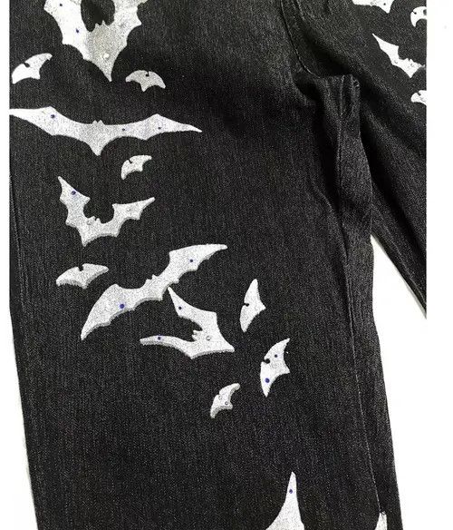 VIBE Washed distressed pleated micro-flare bat-print jeans Size US 32 / EU 48 - 6 Thumbnail