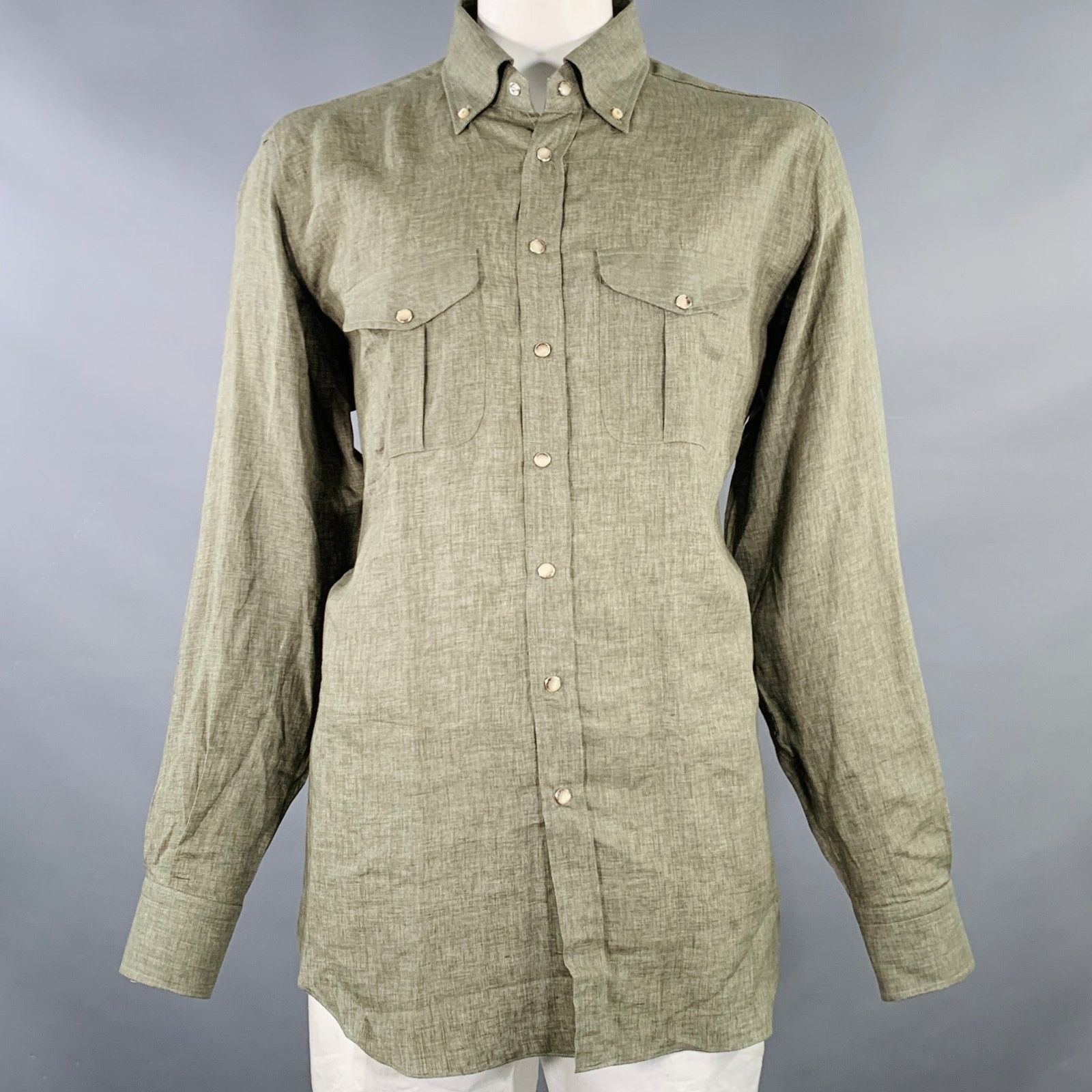 Beretta BERETTA Green Olive Two Pockets Snaps Long Sleeve Shirt Size US XXL / EU 58 / 5 - 1 Thumbnail