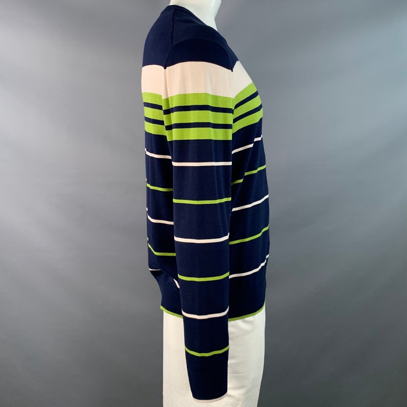 Mr Turk XL Navy Green White Stripe Cotton Modal Crew Neck Pullover Size US XL / EU 56 / 4 - 2 Thumbnail
