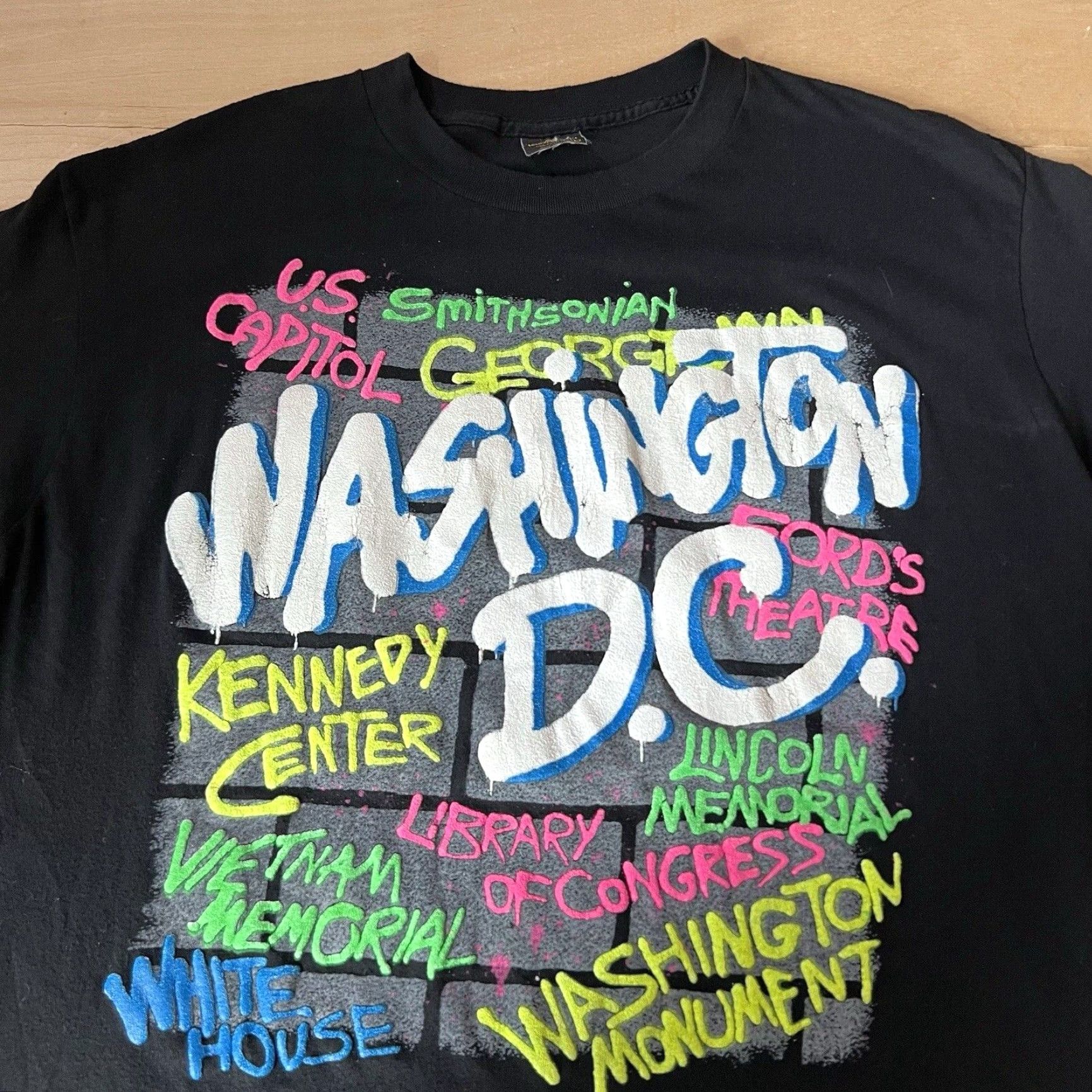 Vintage VINTAGE Washington DC Shirt L Black 80s DMV Spray Paint Graffiti Memorial Men Short Sleeve Crew Neck 80s 90s USA Aerosmith Logo Graphic Print Size US L / EU 52-54 / 3 - 3 Thumbnail
