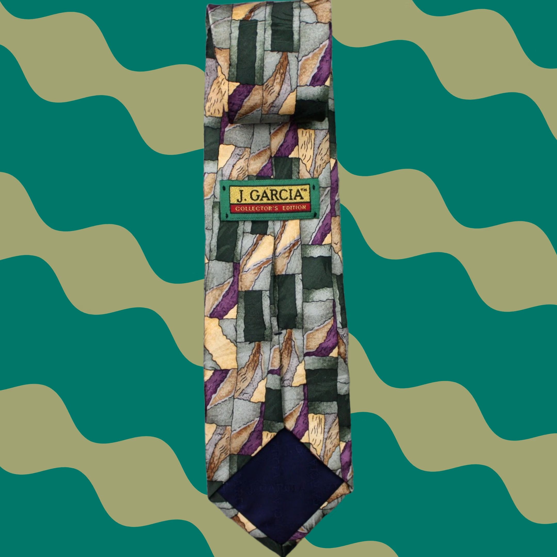 Vintage J. Garcia Necktie Geometric 100% Silk Abstract Green Tan Purple 55" Long 57"-60" Classic Tie Mens Size ONE SIZE - 1 Thumbnail