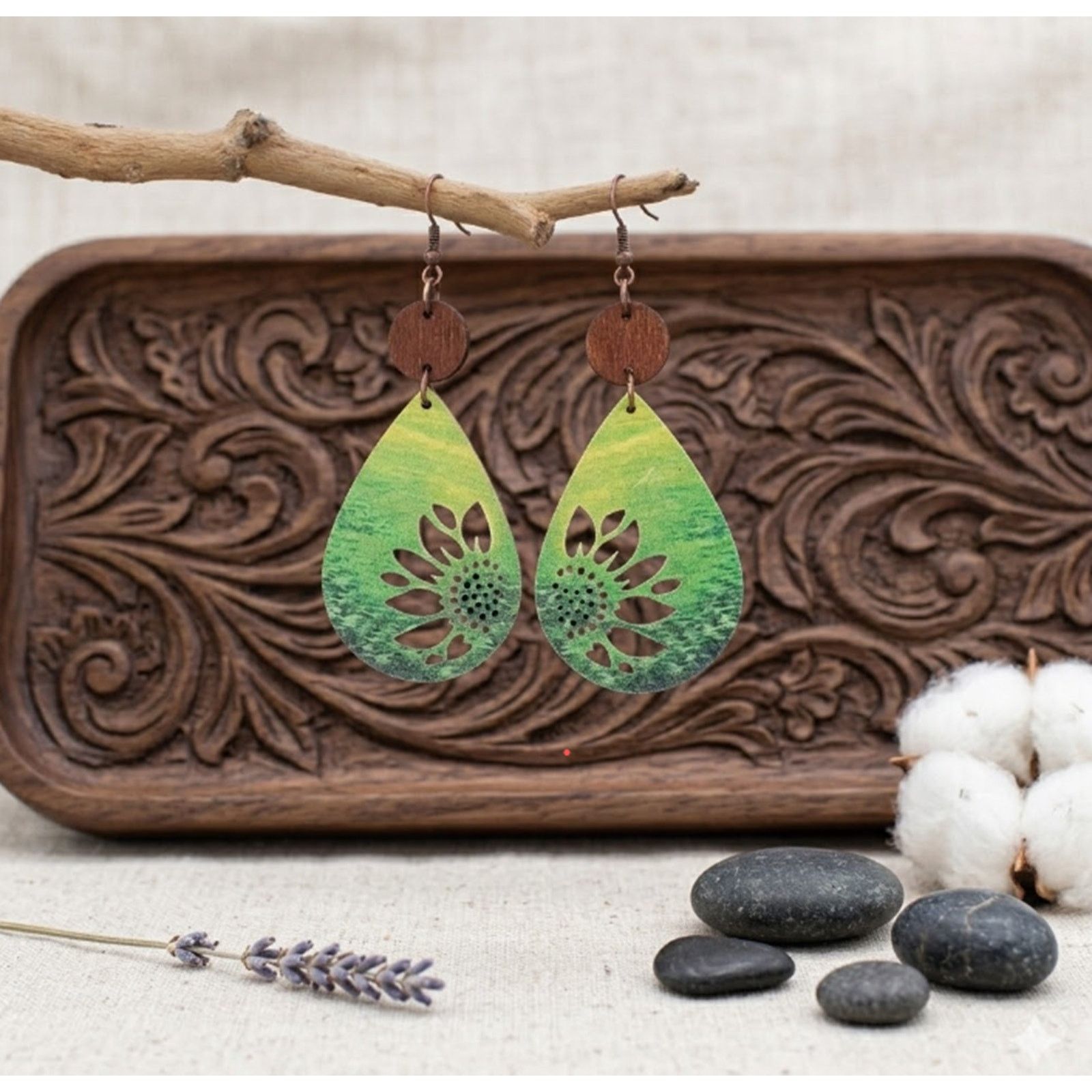 Other Green Sunflower Wooden Teardrop Earrings Boho Floral Dangle Size ONE SIZE - 5 Thumbnail