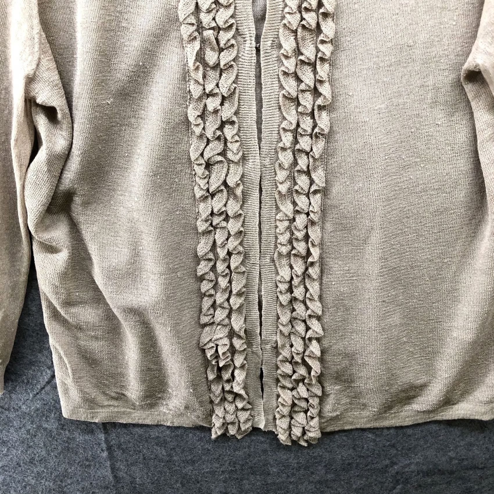 Ann Taylor Anne Klein Linen Blend Cardigan Womens XL Beige Open Knit Ruffle Front Hook Size XL / US 12-14 / IT 48-50 - 4 Thumbnail