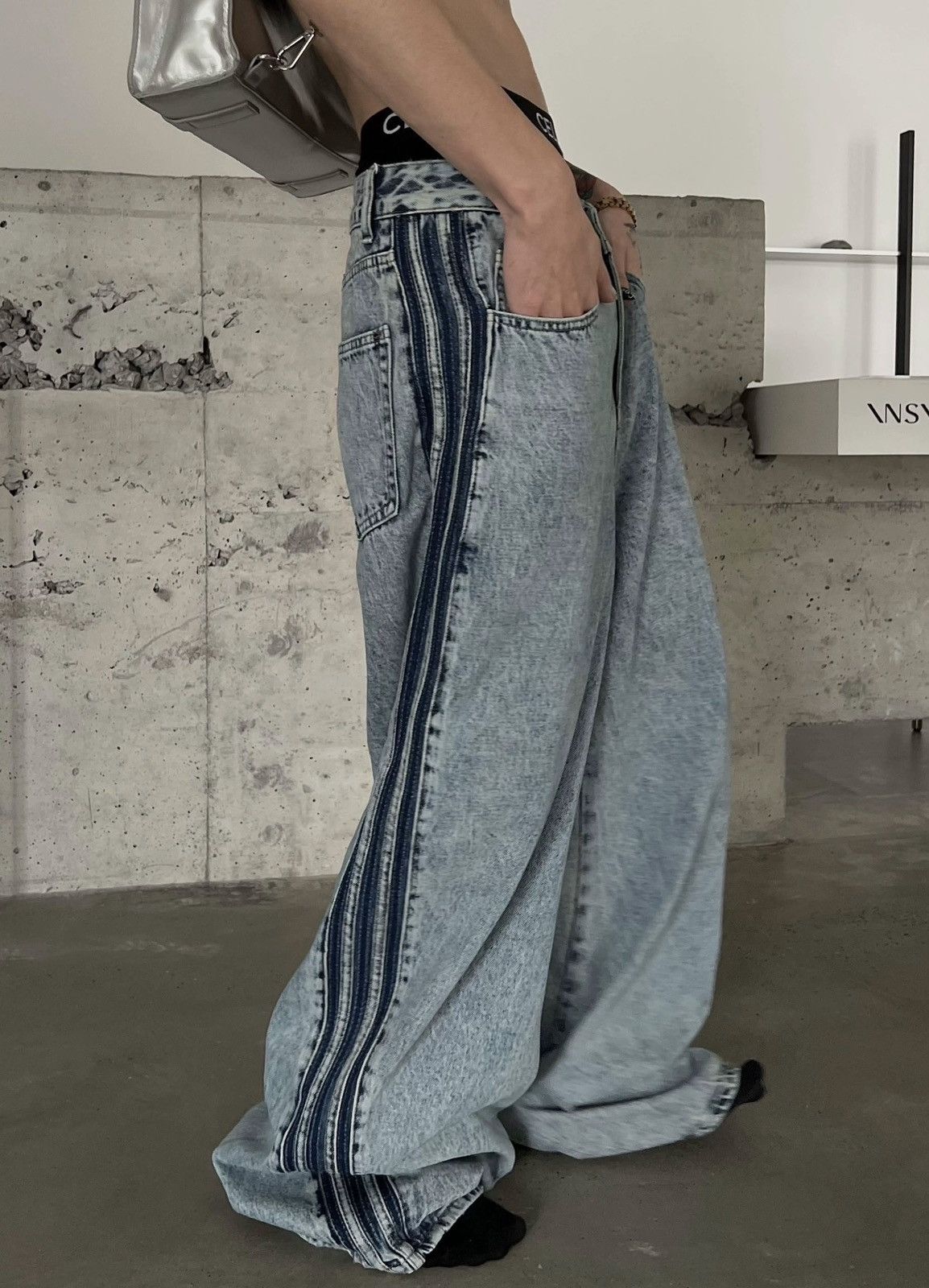Japanese Brand × Vintage Avant garde fashion acid wash side striped baggy jeans pants Size US 32 / EU 48 - 3 Thumbnail
