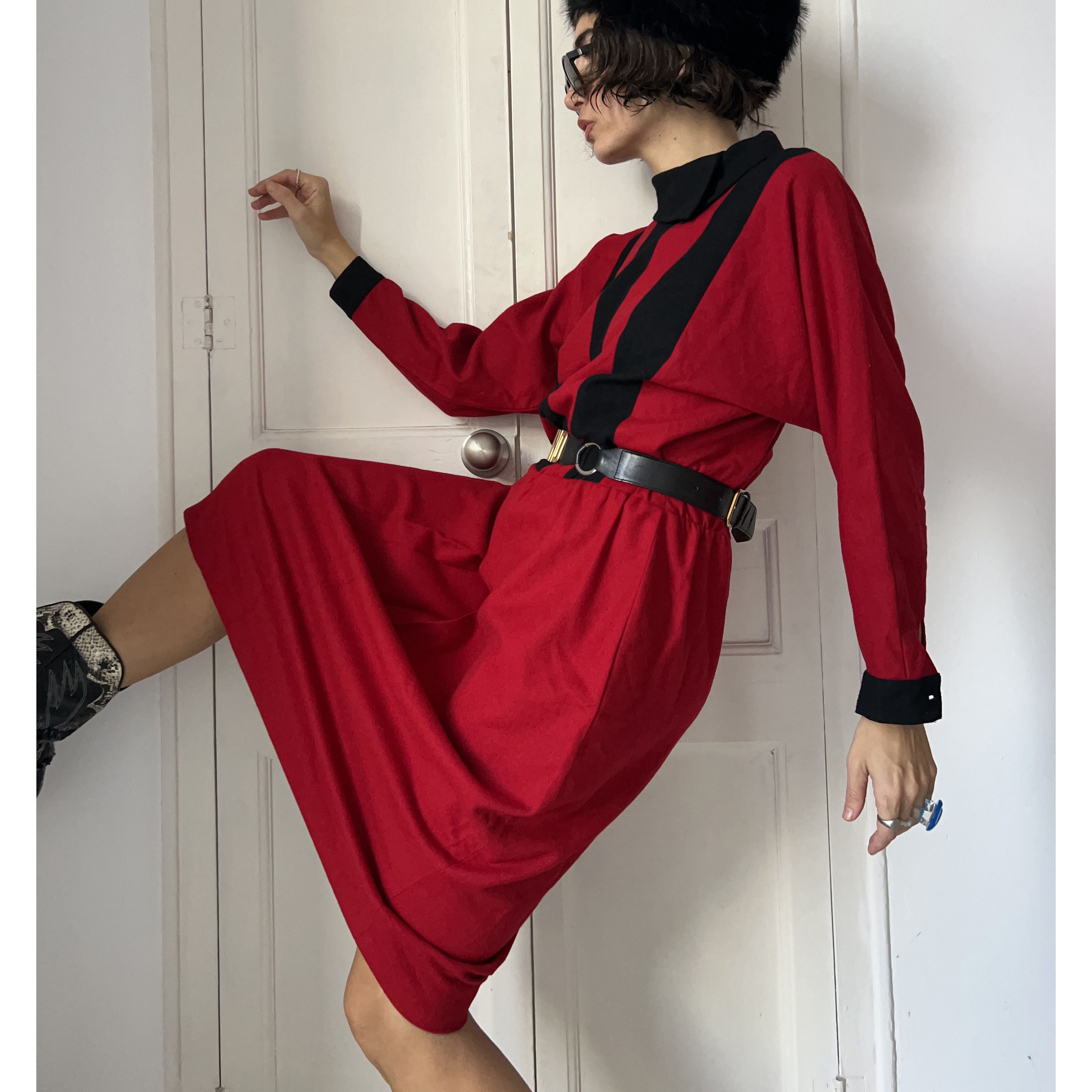 Vintage Vintage 80s Red Black Striped Wool Dress Size L / US 10 / IT 46 - 6 Thumbnail