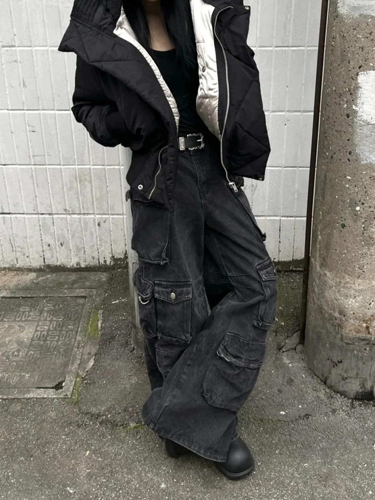 Jean Black Baggy Distressed Cargo Jeans, Wide Leg Pants Size US 32 / EU 48 - 3 Thumbnail