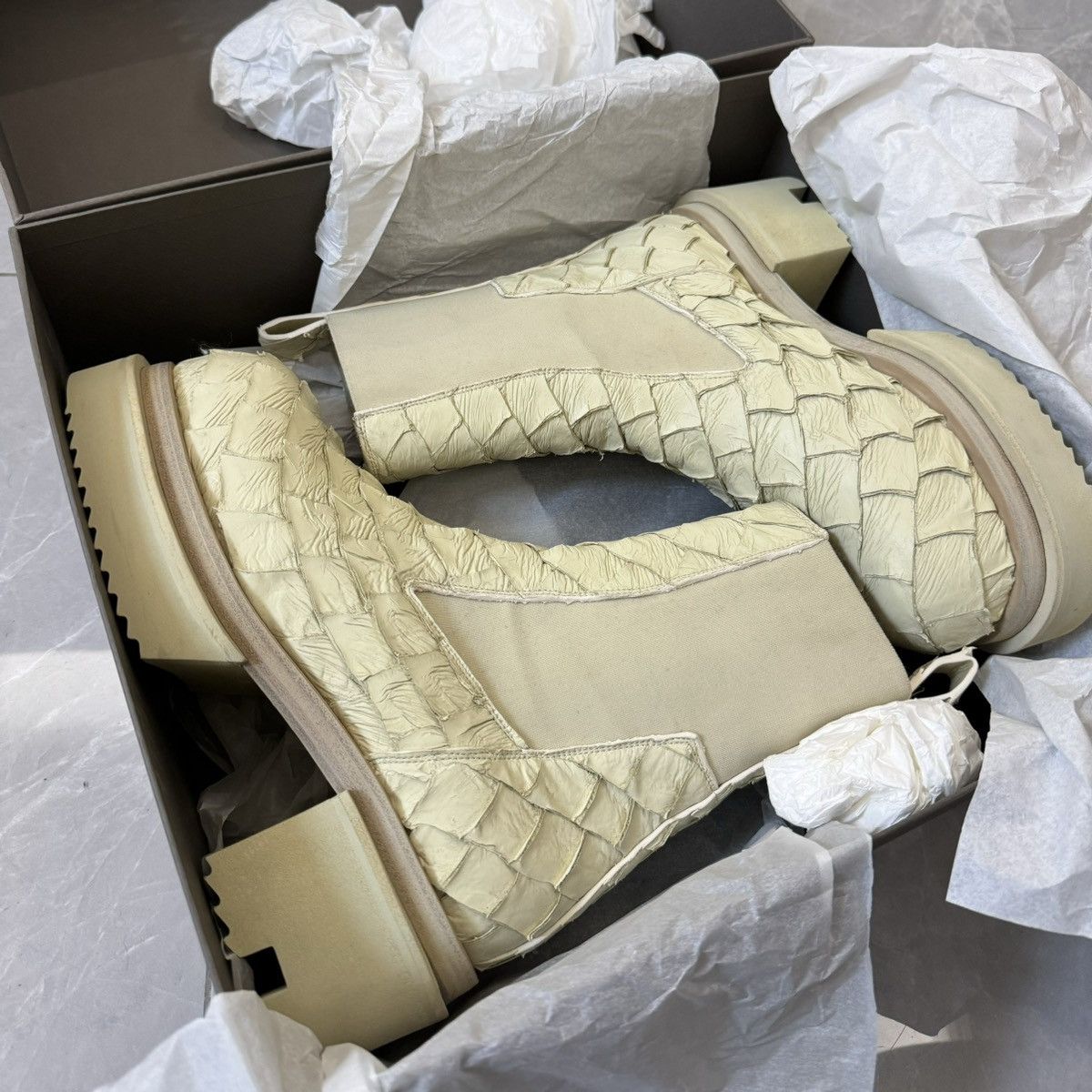 image of Rick Owens Pirarucu Bogun Boots in White, Men's (Size 9)