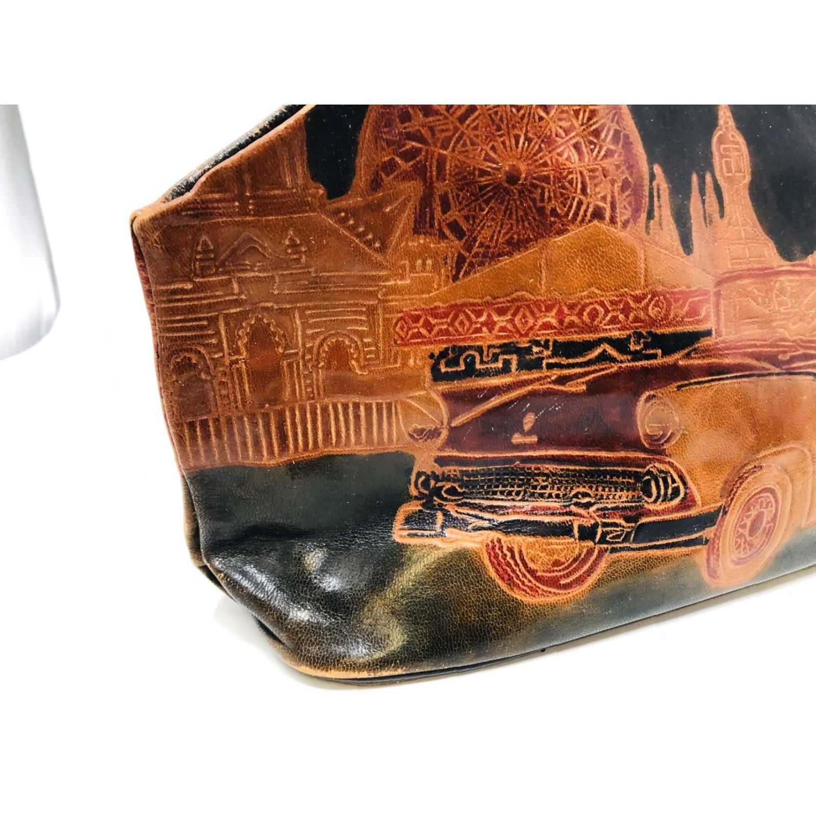 Ford VINTAGE Handmade Embossed Tooled 1953 Ford Scene India Art Leather Bag J21 Size ONE SIZE - 6 Thumbnail
