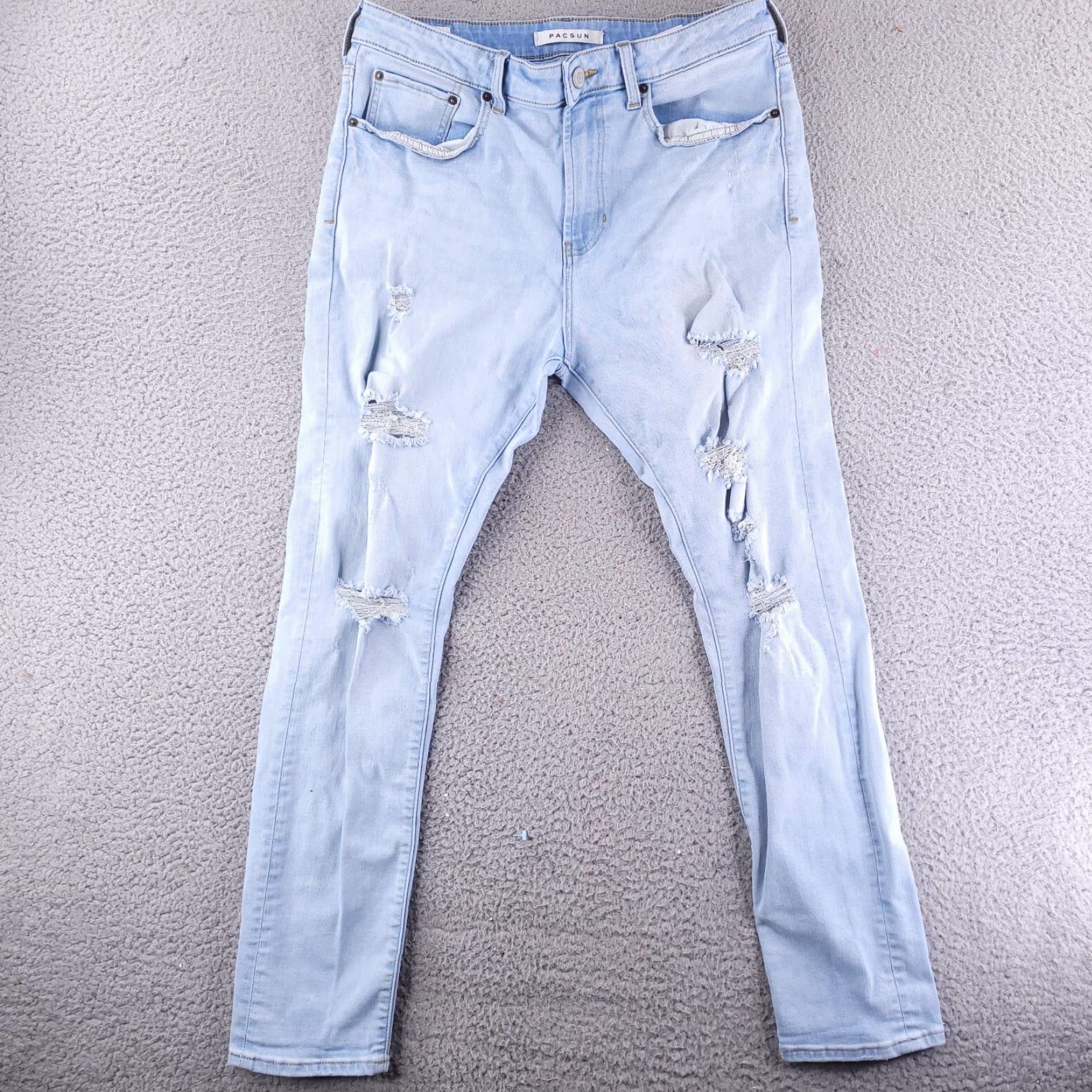 Pacsun Pacsun Jeans Mens 32x29 Slim Skinny Light Wash Blue Distressed Ripped Size US 32 / EU 48 - 2 Thumbnail