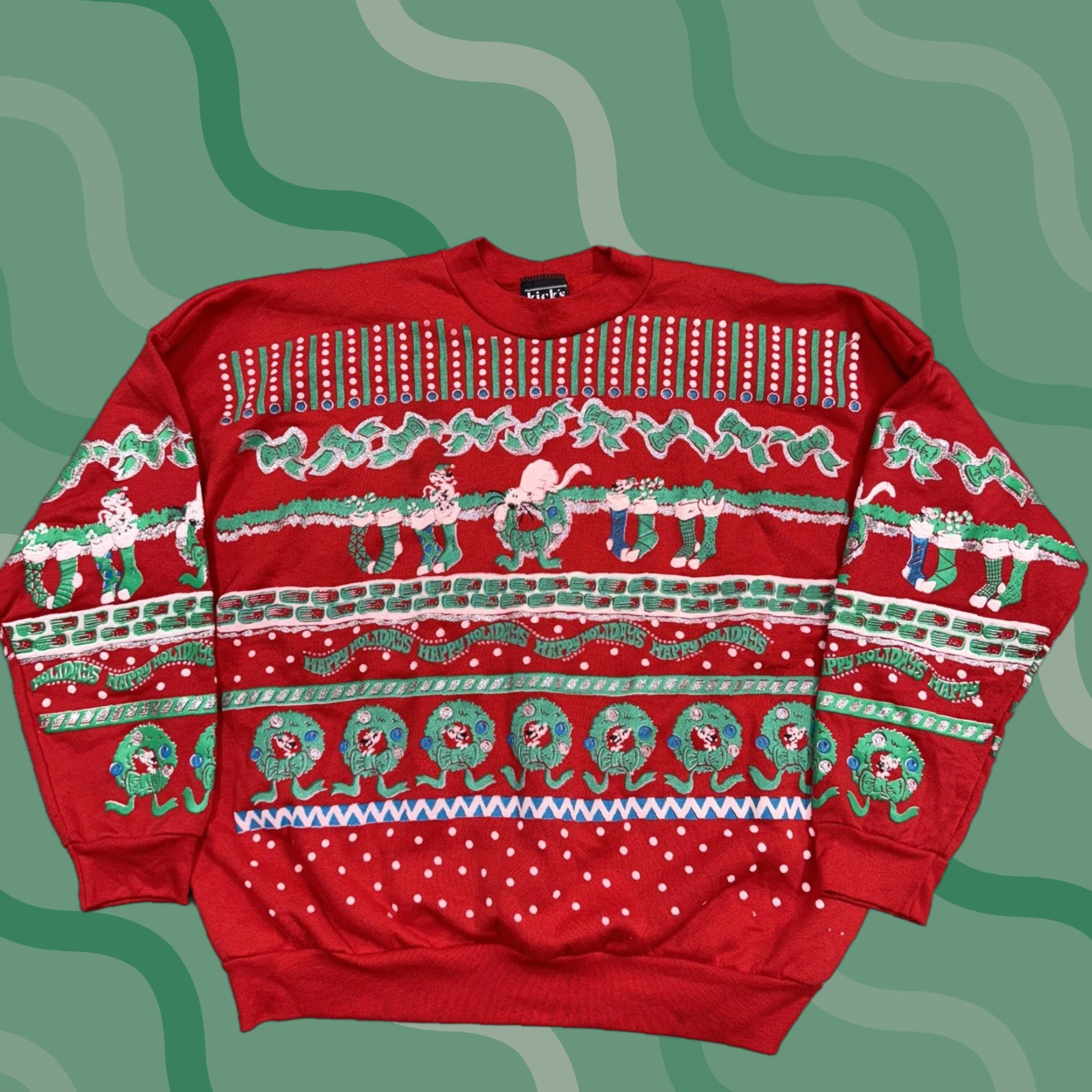 Vintage VINTAGE Kicks Sweatshirt Mens XL Red Christmas Elf Wreath Happy Holidays 80s Graphic Print Knit Crew Neck Pullover Sweater Size US XL / EU 56 / 4 - 1 Thumbnail