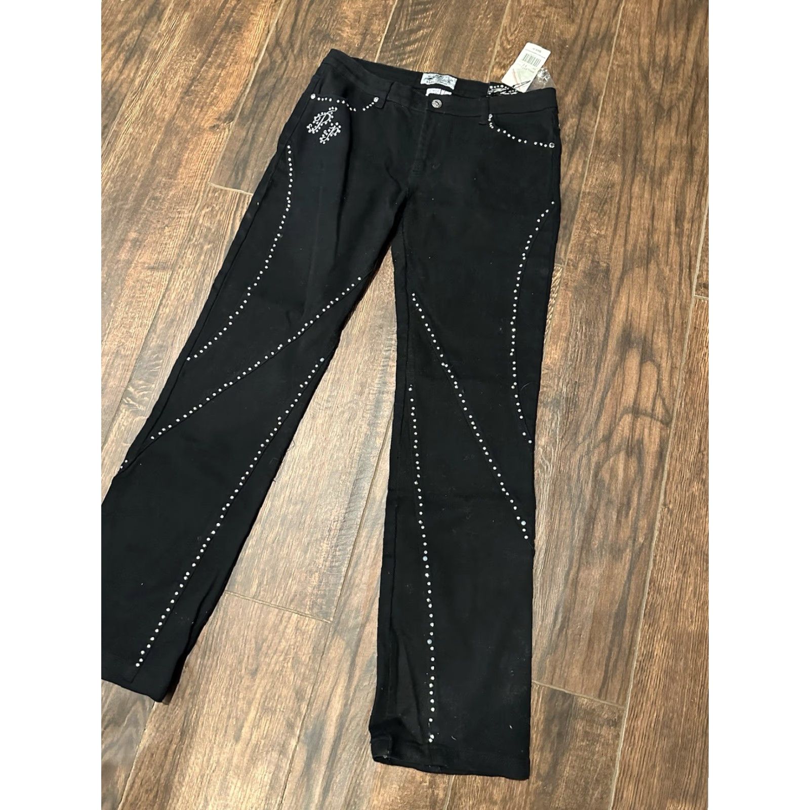 Vintage NWT Platinum Plush Jeans Womens Size 11 Bedazzled Rhinestone Logo Black Y2K Jeans Womens Size 11 Black Rhinestone Logo Platinum Plush Jeans Size 32" / US 10 / IT 46 - 2 Thumbnail