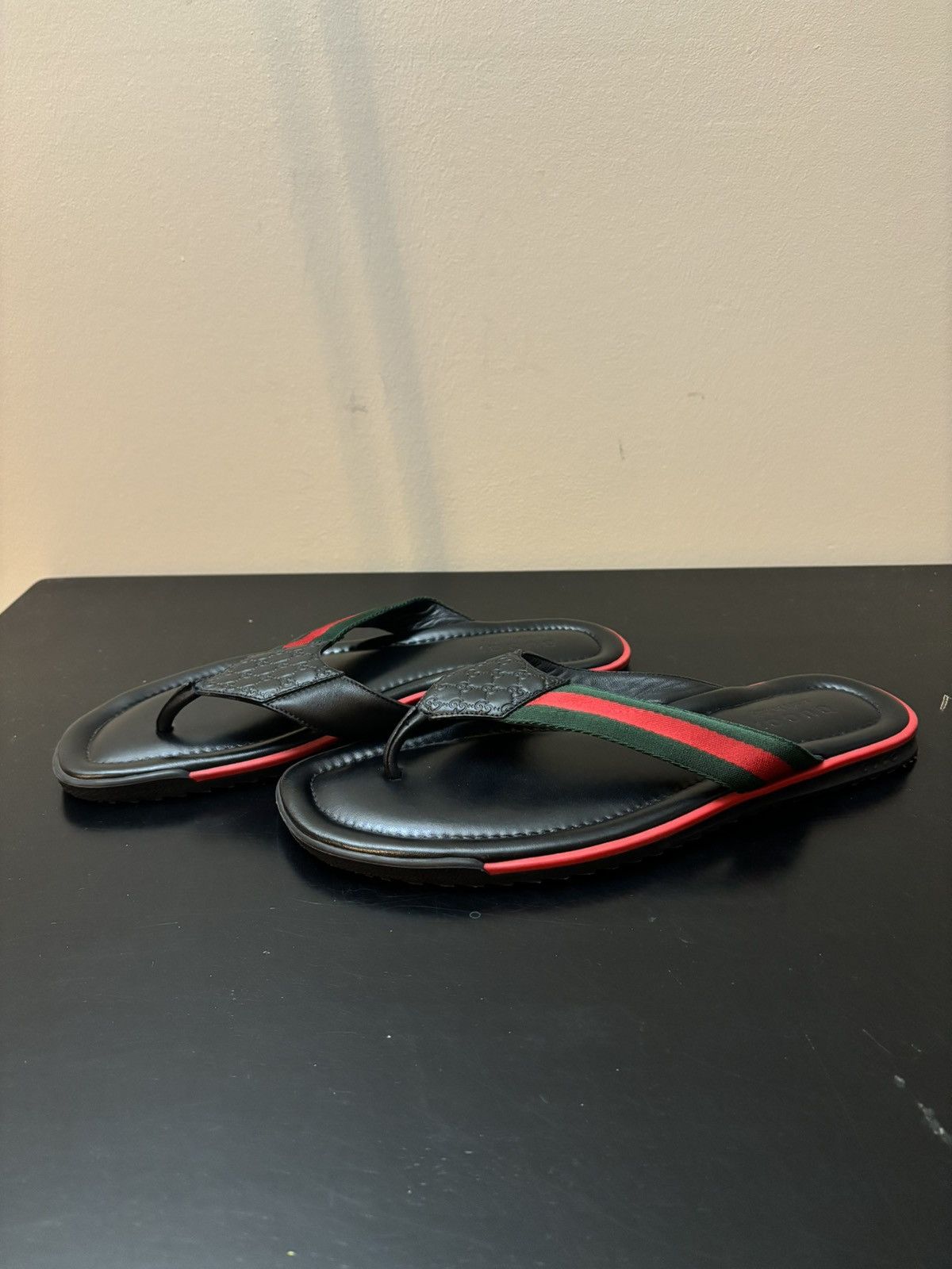 Gucci GG Monogram Stripe Leather Thong Sandals in Black, Men's (Size 10)