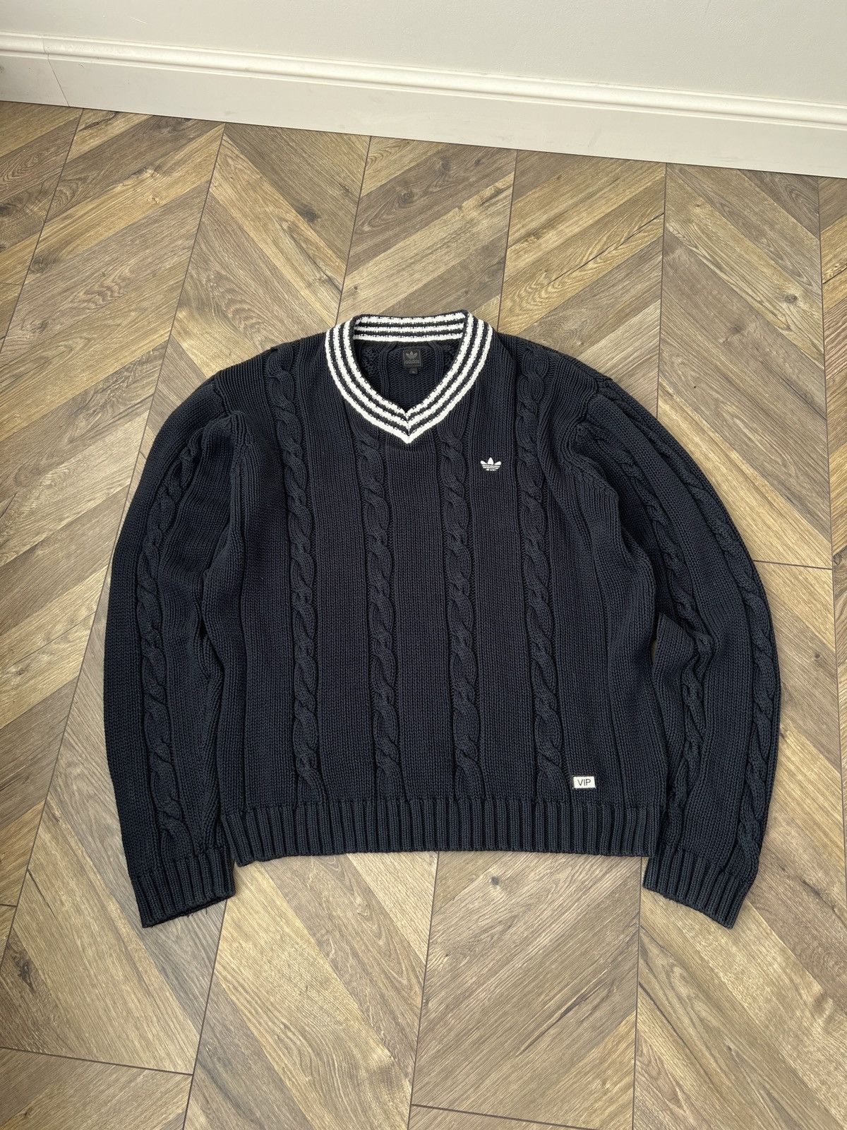Adidas Vintage Adidas Cable Knit Sweater Navy V-Neck Logo Retro Size US XL / EU 56 / 4 - 5 Thumbnail