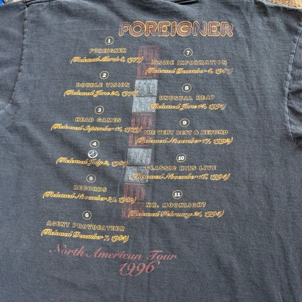 Doublet VINTAGE Foreigner 90s Rock Band Concert Tour T-Shirt XL Mens Short Sleeve Black Double Sided Fade Size US XL / EU 56 / 4 - 6 Thumbnail