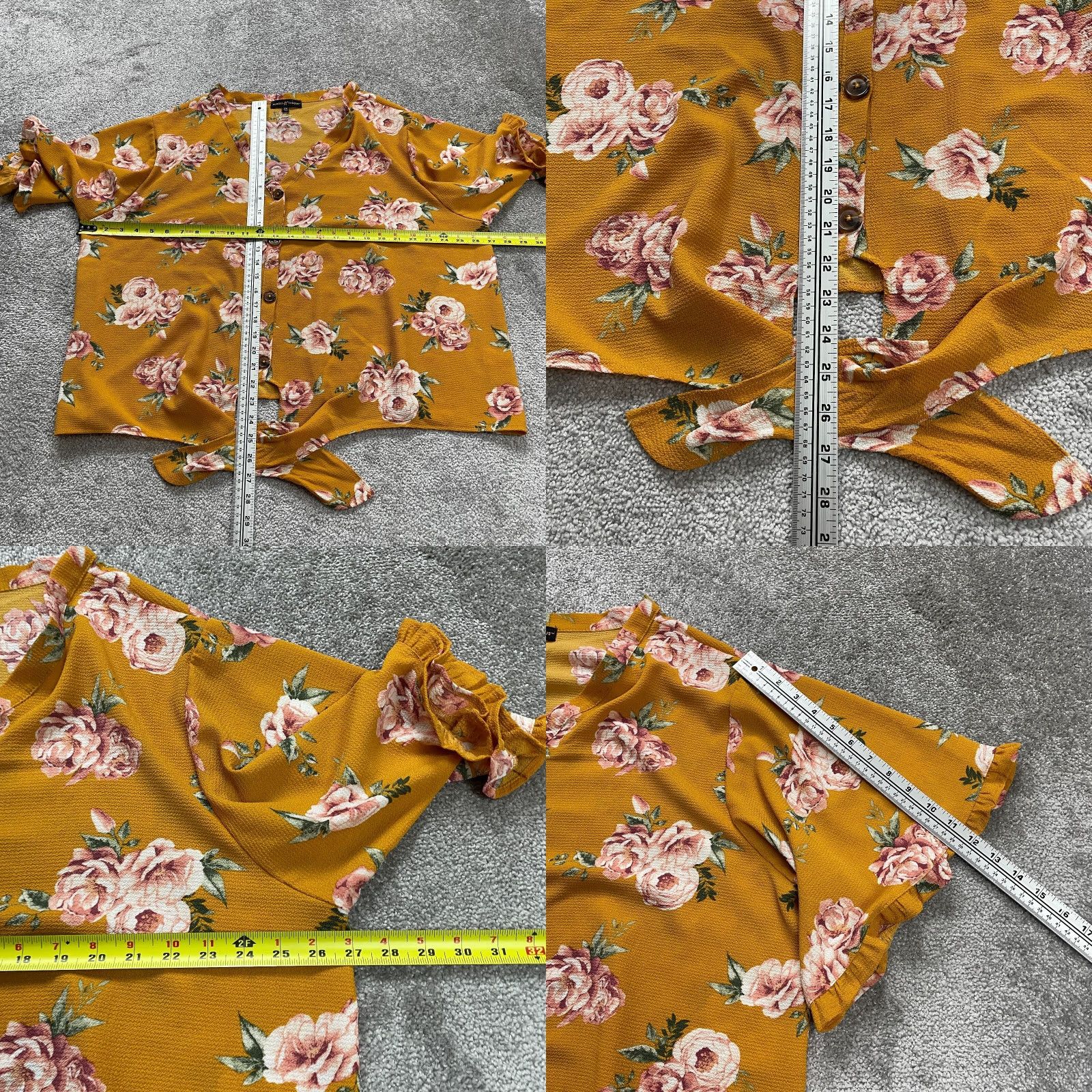 Almost Famous Almost & Famous Blouse Womens 3XL Mustard Floral Front Tie Short Sleeve Casual Size XXL / US 16-18 / IT 52-54 - 8 Thumbnail