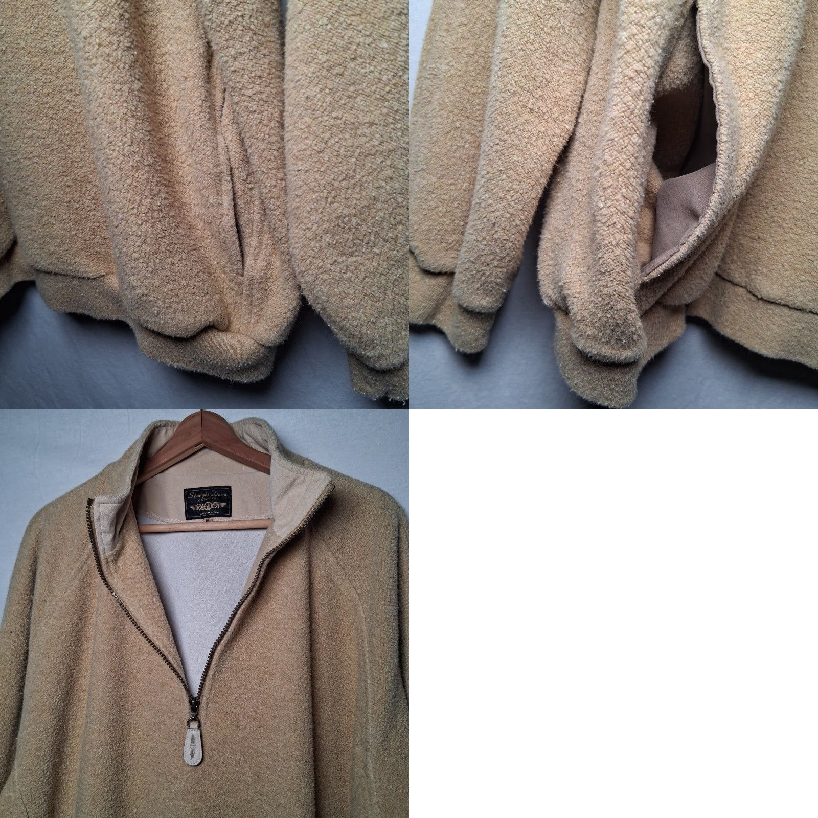 CLOT VINTAGE Straight Down Fleece Jacket Men XL Tan Pullover 1/4 Zip 1/4 Zip Stand-Up Collar Casual Winter USA Made Beige/Tan Terr y Cloth Cotton Blend Size US XL / EU 56 / 4 - 10 Thumbnail