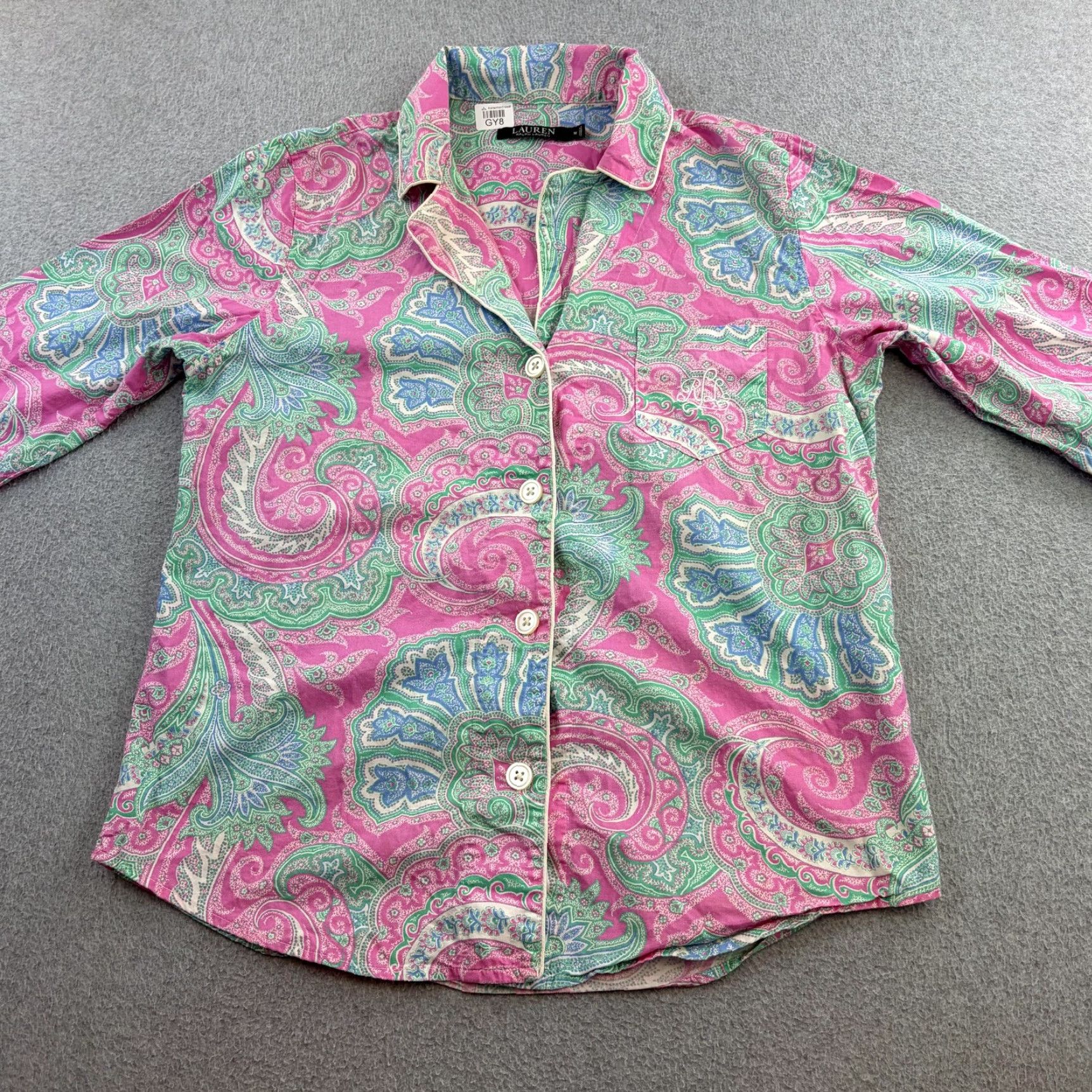 Ralph Lauren Lauren Ralph Lauren Pajama Top Womens Medium Pink Paisley 3/4 Sleeve Button Front Embroidered Monogram Cute Size M / US 6-8 / IT 42-44 - 4 Thumbnail