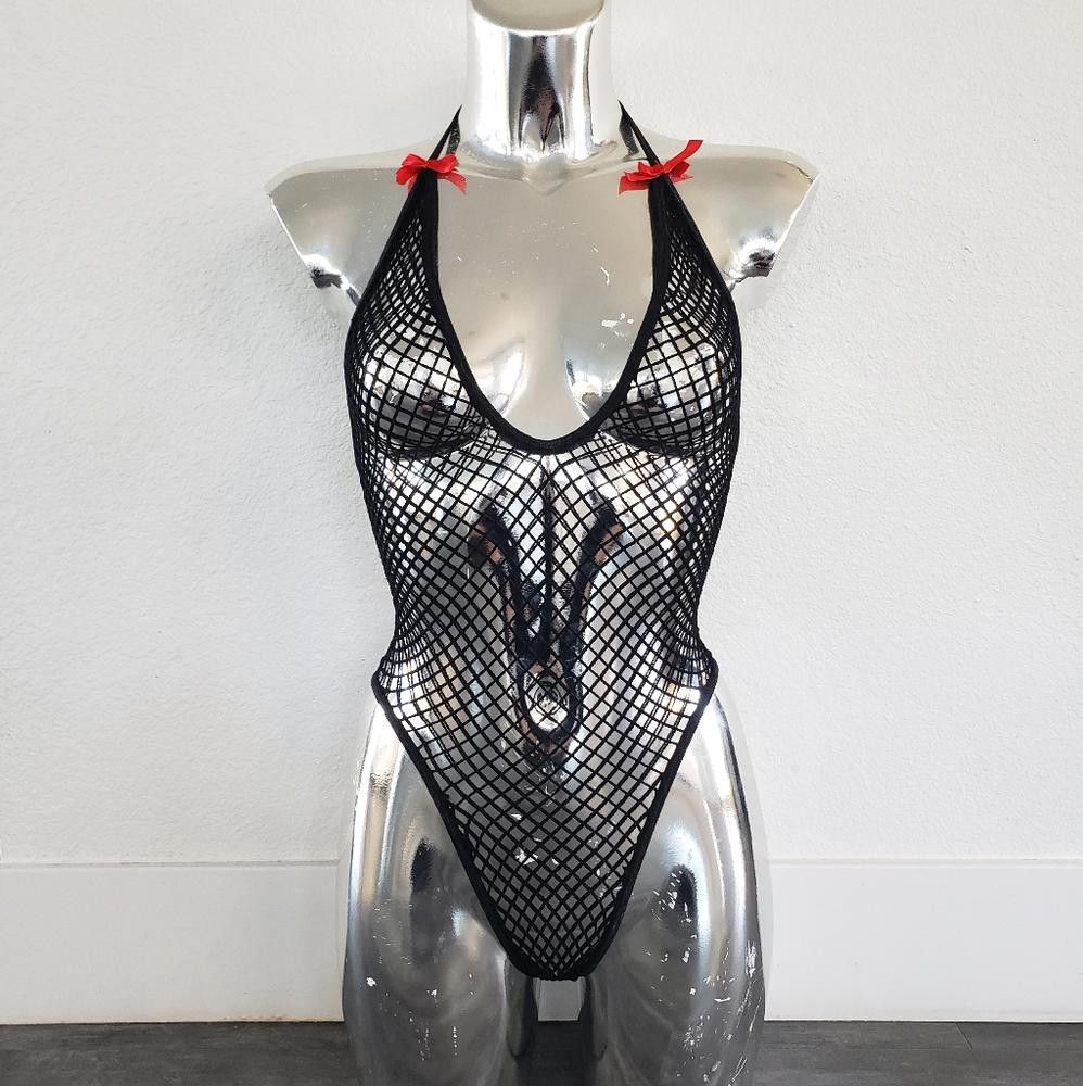 Designer Black Red Bow Seduction Fishnet Bodysuit Size ONE SIZE - 1 Thumbnail
