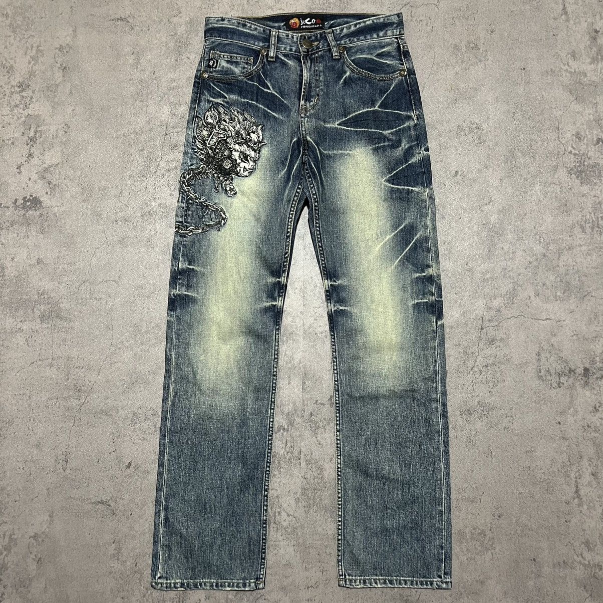Japanese Brand Nippon Blue Jizo Bosatsu Skull Embroidery Whiskered Jeans Size US 30 / EU 46 - 2 Thumbnail