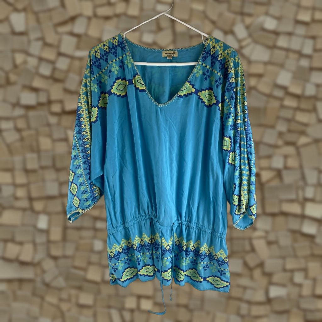 Vintage One World Swim Cover Boho Women's Large Long Sleeve V-Neck Waist Drawstring Shirt Size L / US 10 / IT 46 - 1 Thumbnail