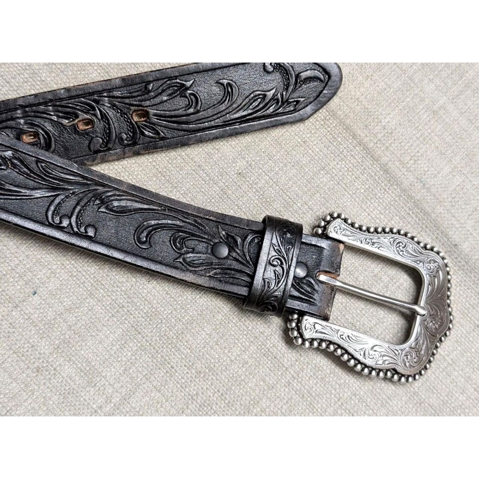 Tony Lama VINTAGE Tony Lama Belt 34 black TOOLED cowhide leather WESTERN buckle USA made Size 34 - 3 Thumbnail