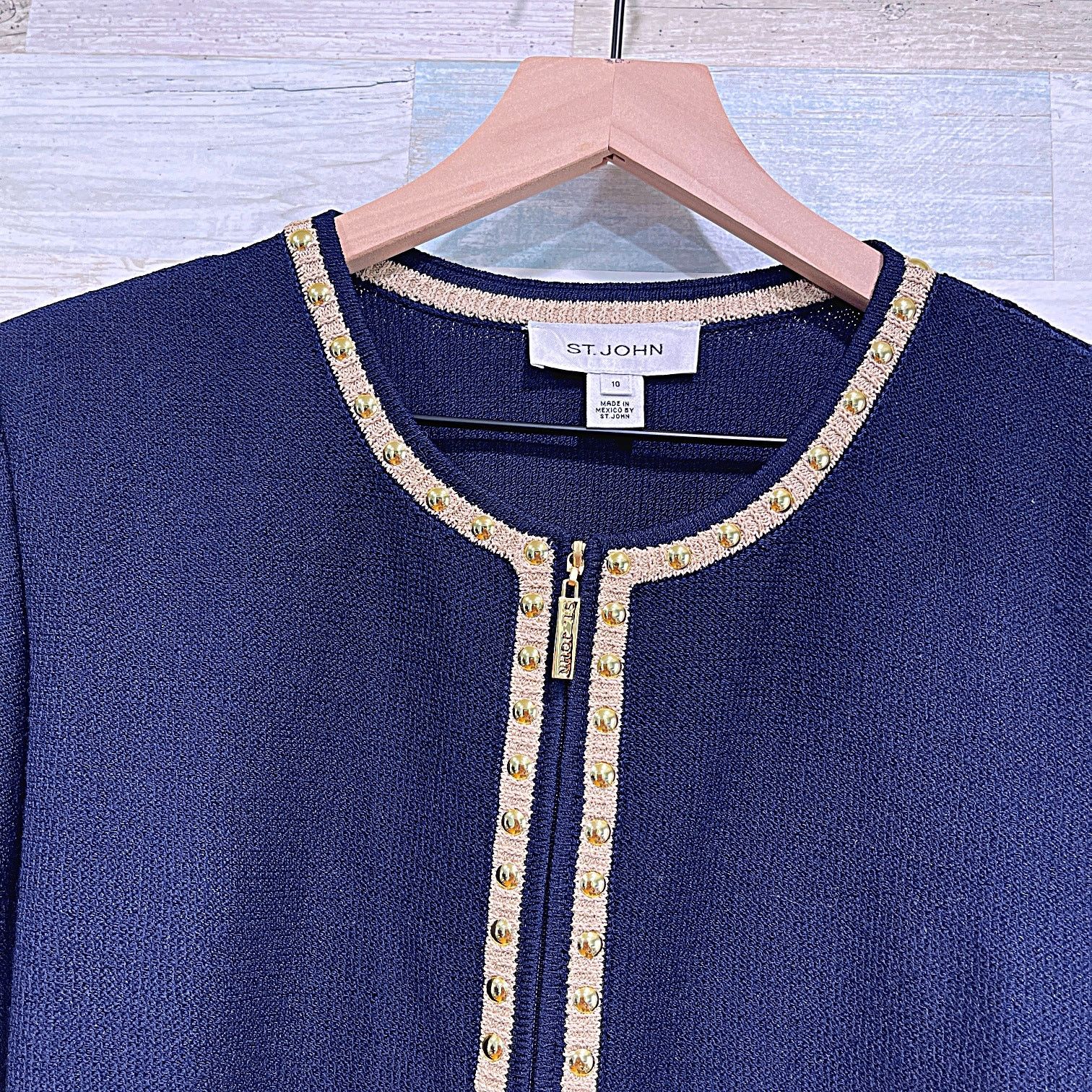 St. John ST JOHN Tweed Lady Jacket Blue Gold Studded Trim Womens 10 Size L / US 10 / IT 46 - 2 Thumbnail