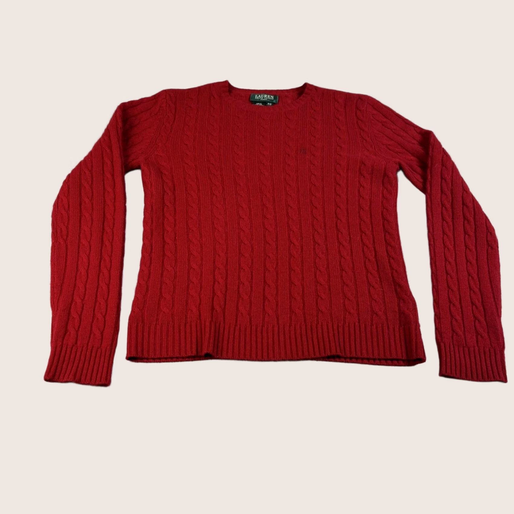 Ralph Lauren VINTAGE Lauren Ralph Lauren Red Cable-Knit Cashmere Sweater Women Petite P/S Crew Neck Logo Embroidered 90s Pullover Winter Size S / US 4 / IT 40 - 1 Thumbnail