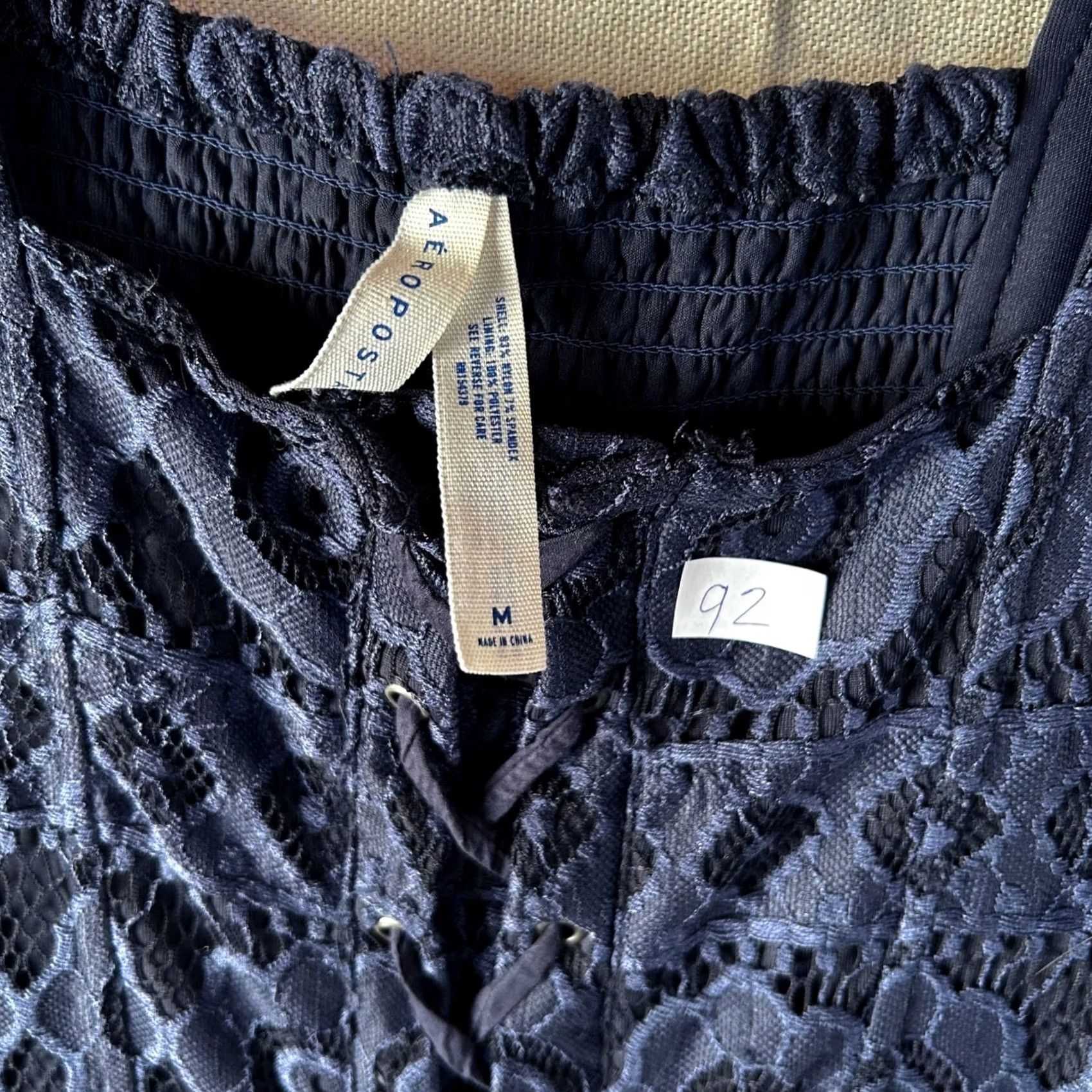 Aeropostale AeroPostale Navy Blue Floral Lace Mini Dress Smocked Back Lace-Up Square Neck Short Sleeve Womens M Neutral Size M / US 6-8 / IT 42-44 - 2 Thumbnail