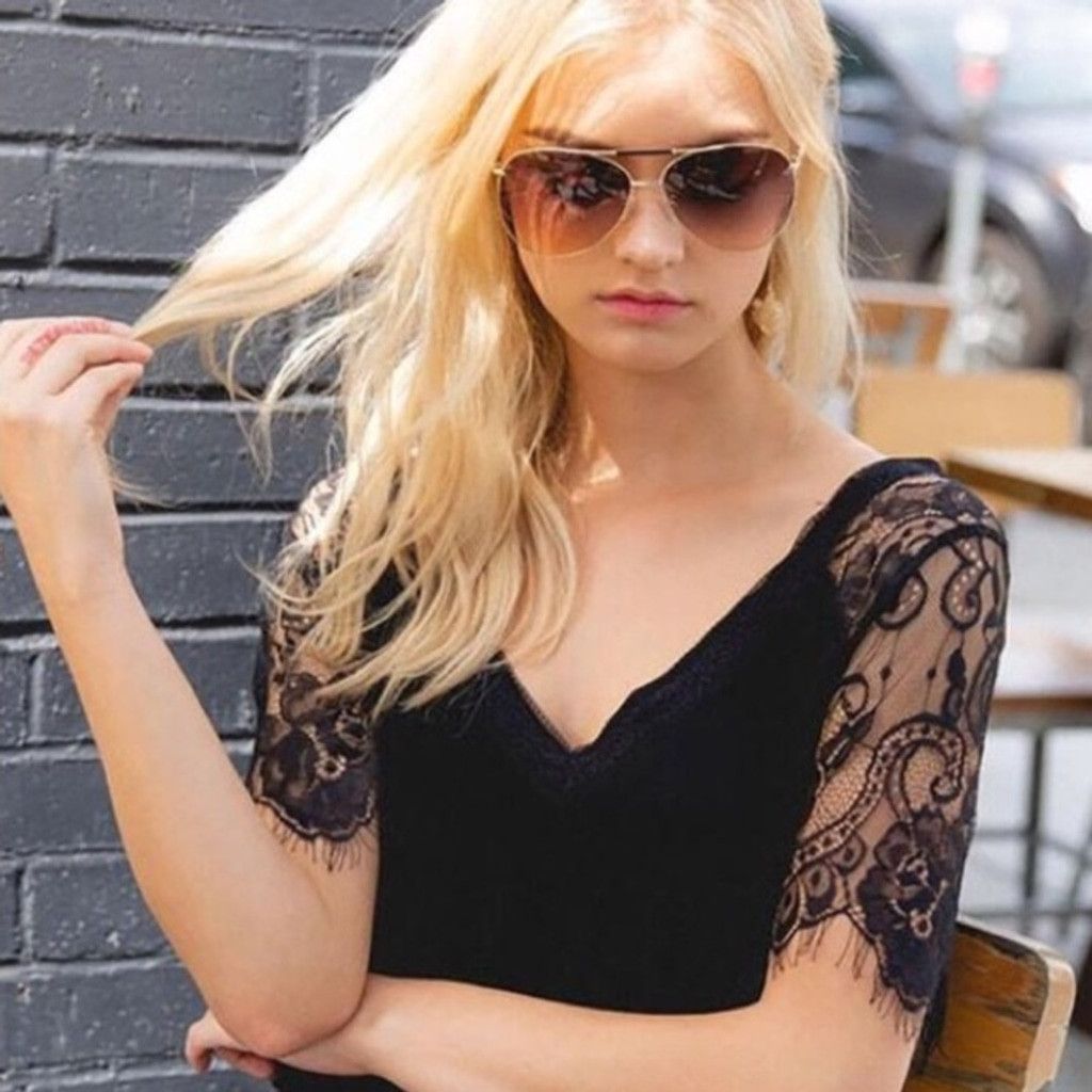 Other Black Lace Eyelash Hem Sleeved V-Neck Tee Size S / US 4 / IT 40 - 6 Thumbnail