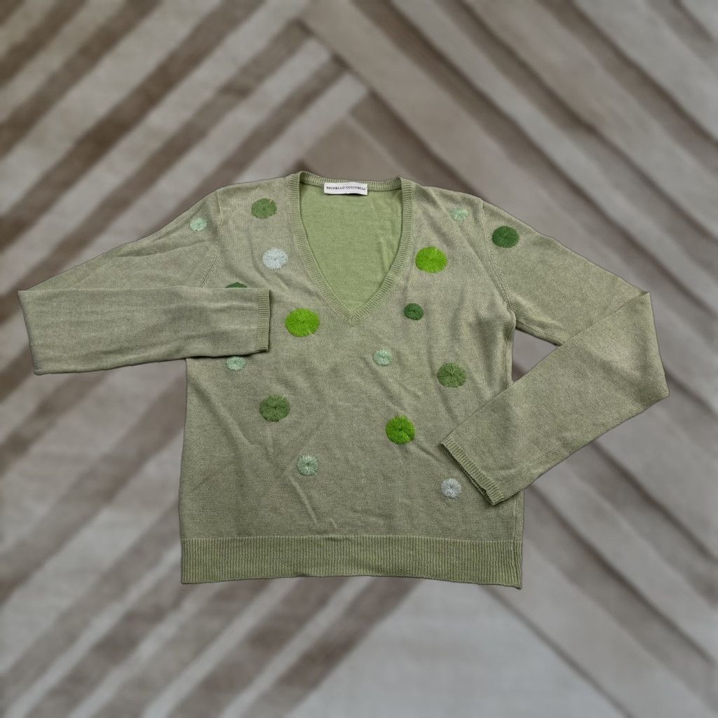 Brunello Cucinelli Brunello Cucinelli Women’s Linen Silk Sweater Top V Neck Polka Dots Size Small Green Long Sleeve Cropped Women S Size S / US 4 / IT 40 - 1 Thumbnail