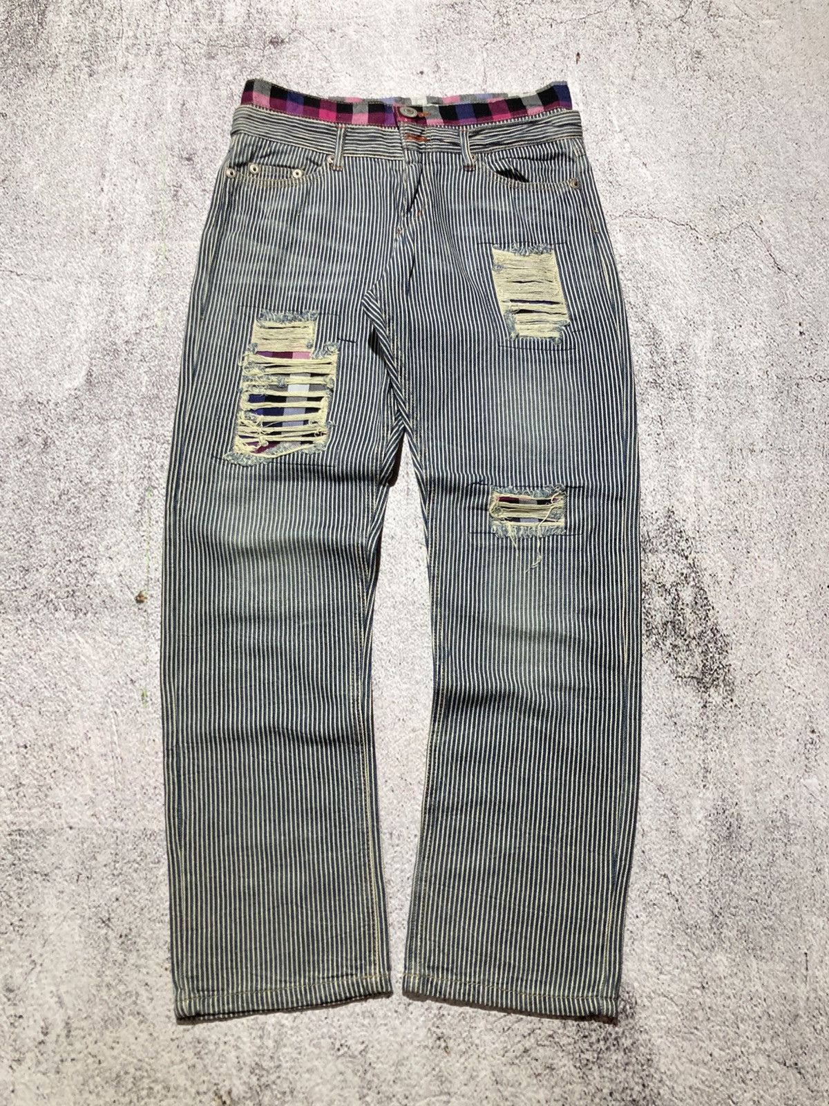 Japanese Brand 2000s Japanese Brand Double Waist Ripped Striped Pants Size US 29 - 1 Thumbnail