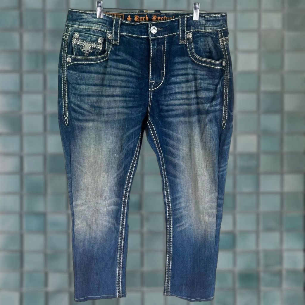 Vintage Rock Revival Jacoby Bootcut Jeans Mens Size 38 29 Blue Distressed Denim Size US 38 / EU 54 - 1 Thumbnail