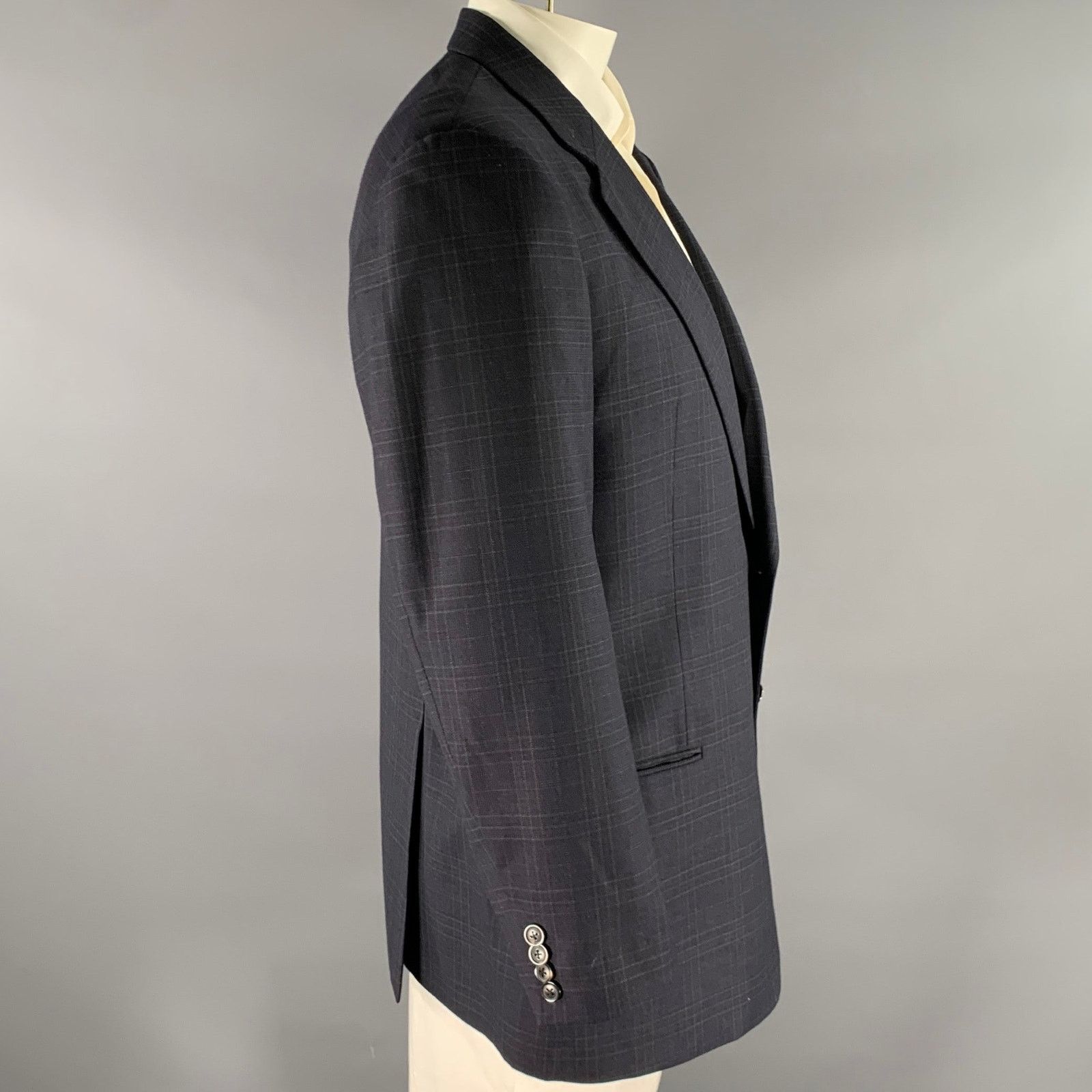 Armani Collezioni ARMANI COLLEZIONI 44 Navy Plaid Wool Notch Lapel Sport Coat Size 44R - 3 Thumbnail