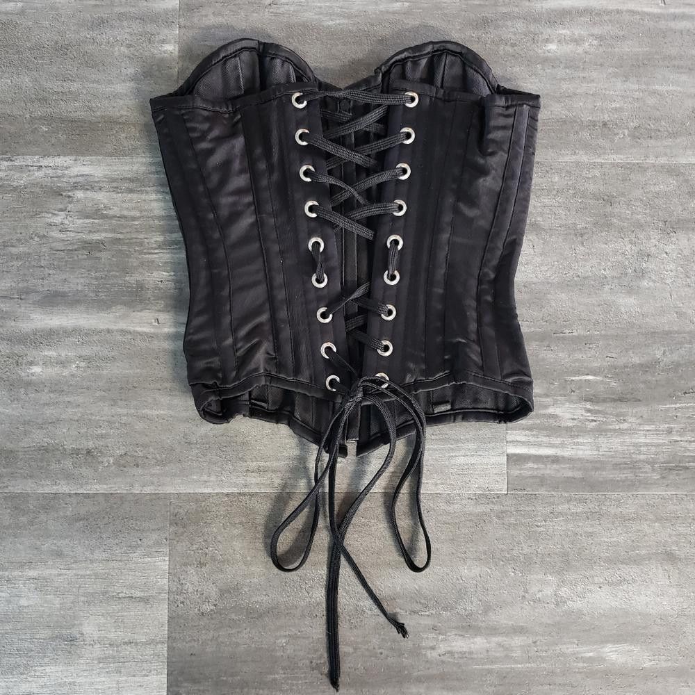 Designer Black Satin CC Double Steel Boned Corset Size ONE SIZE - 3 Thumbnail