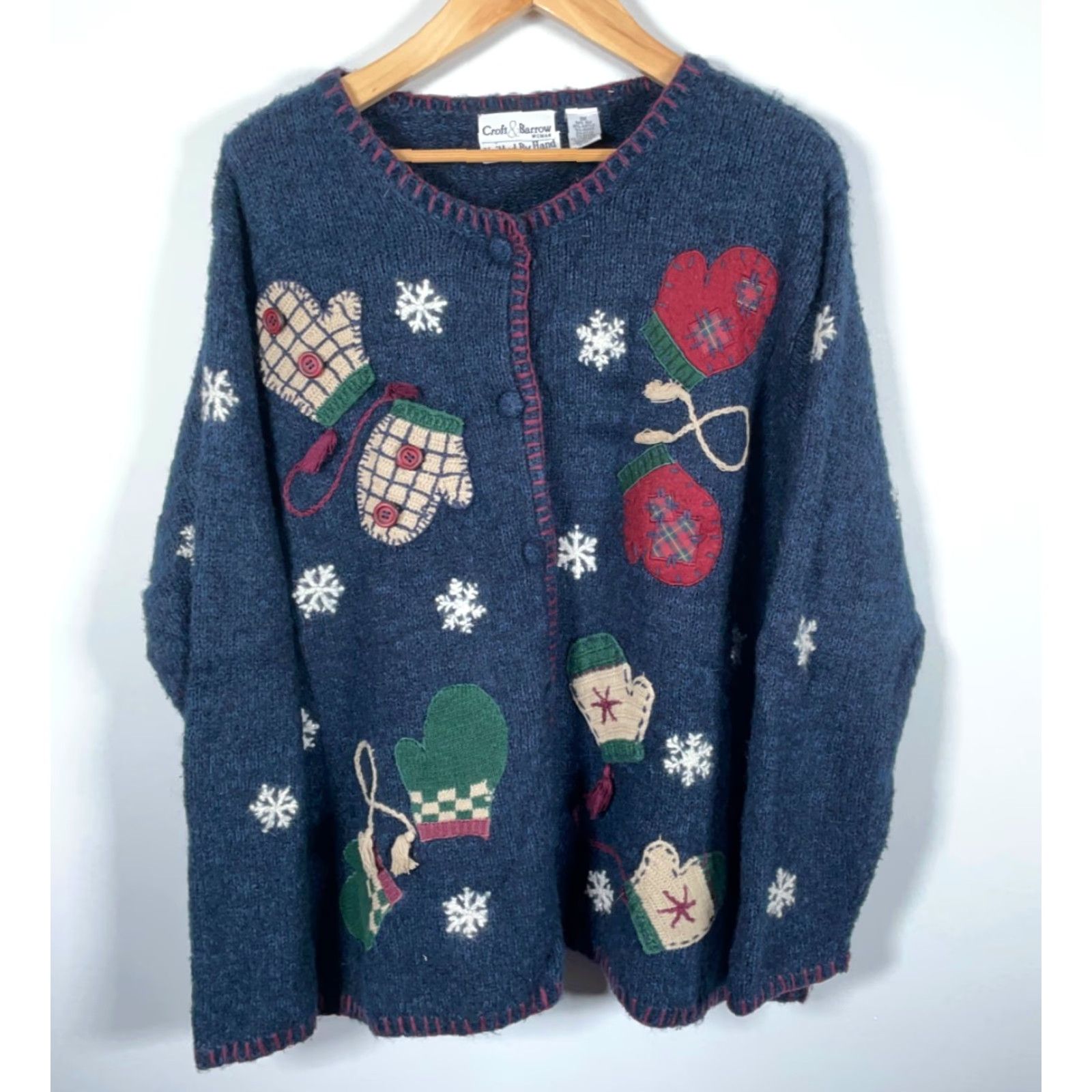 Croft & Barrow VINTAGE Croft & Barrow Cardigan Sweater 3X Women’s Handknit Mitten Applique Blue Crew Neck Long Sleeve Fall Winter 90s Teacher Womens Size XXL / US 16-18 / IT 52-54 - 2 Thumbnail