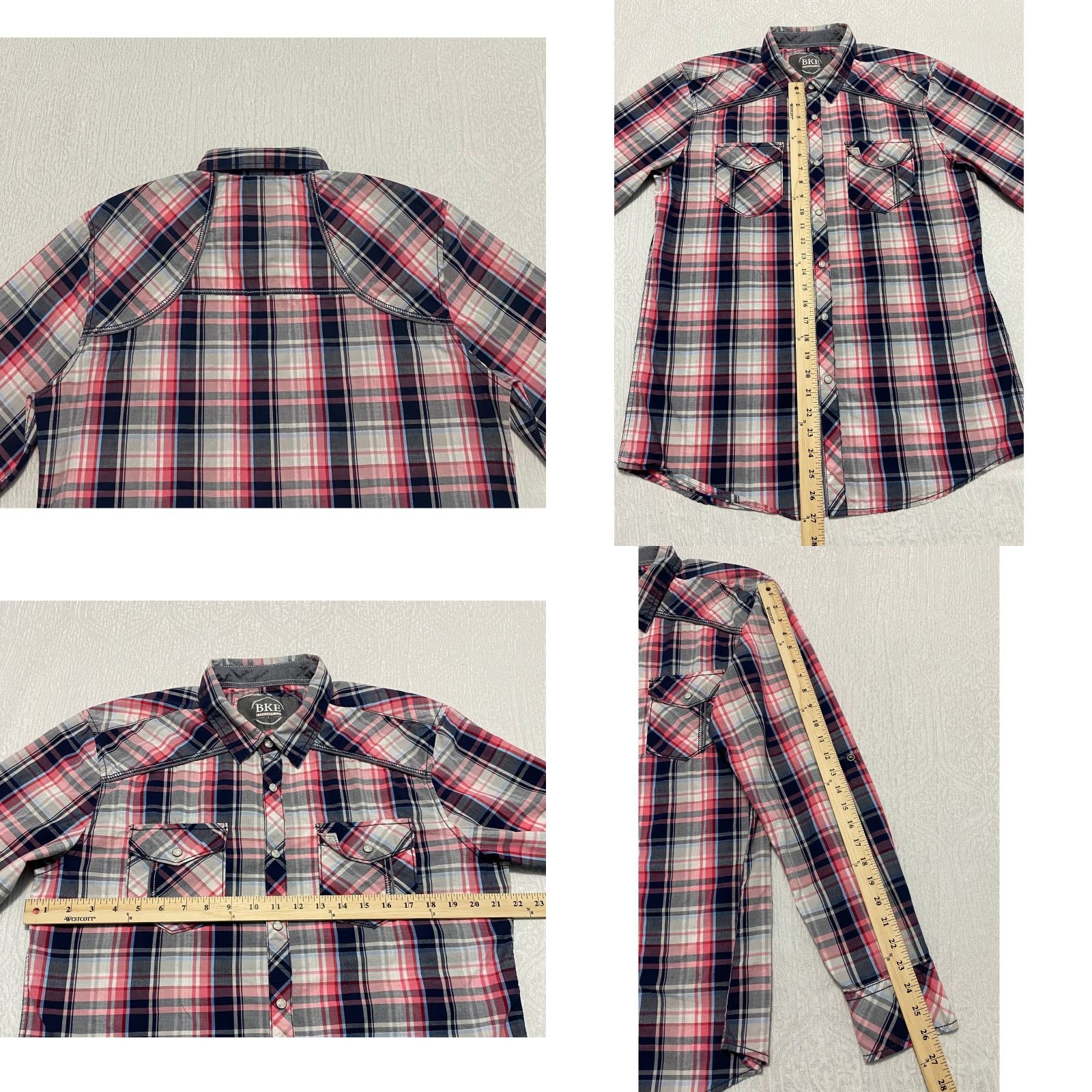 BKE BKE Shirt Western Plaid Pink Long Sleeve Button-Up Snap Pocket Collared Cotton Blend Men L Size US L / EU 52-54 / 3 - 8 Thumbnail