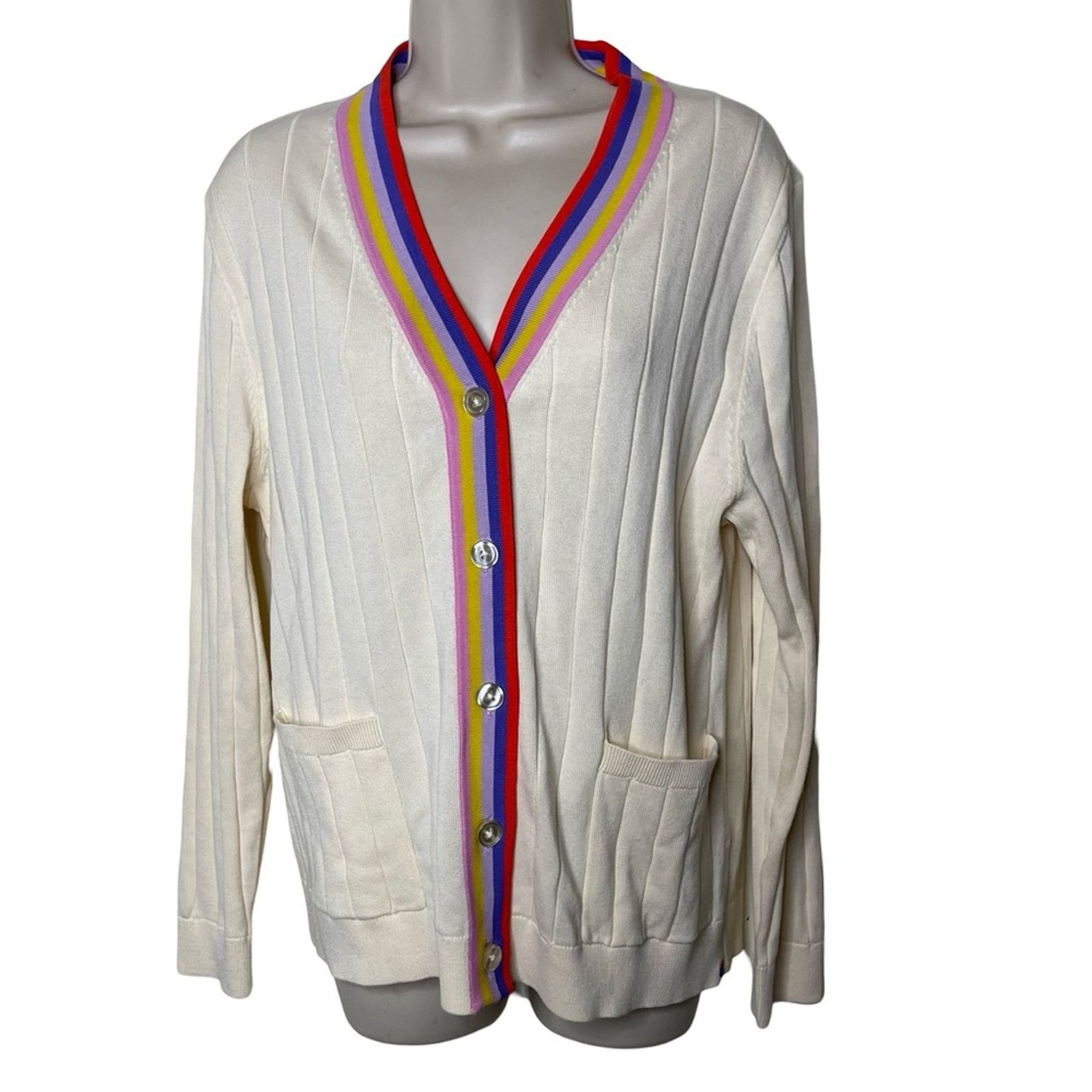 KULE KULE The Binx 4 stripe trim cotton blend ivory Cardigan sz S Size S / US 4 / IT 40 - 1 Thumbnail