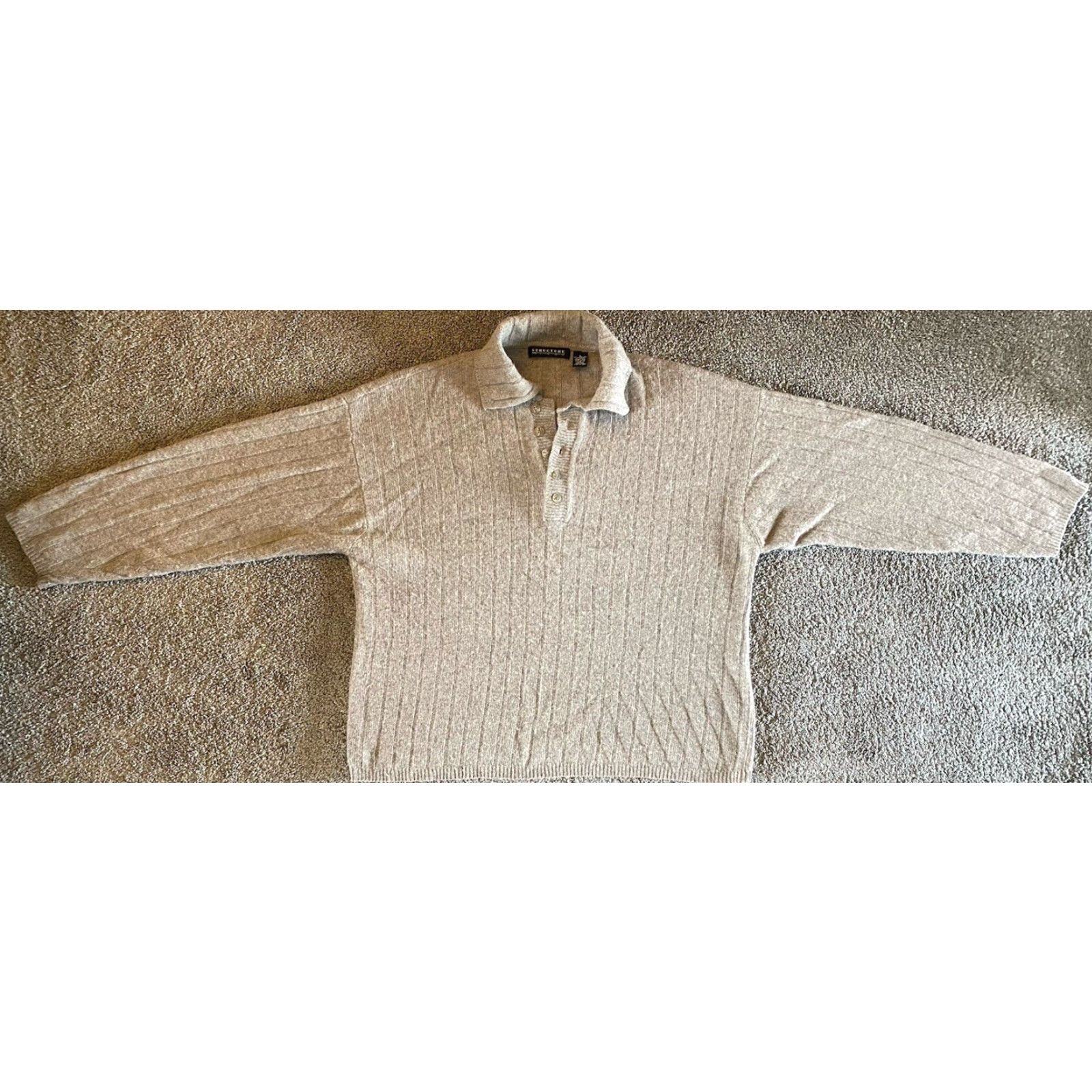 Vintage Structure Men’s Size L Henley Sweater Lambswool Rabbit Hair Collared Beige Mens Size US L / EU 52-54 / 3 - 2 Thumbnail