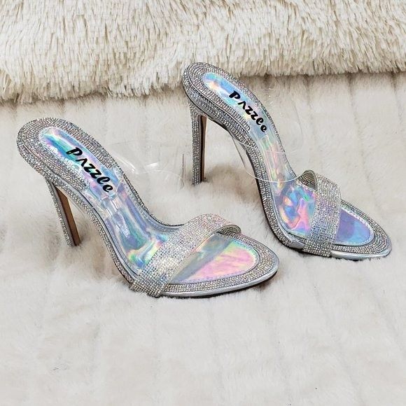 Other Lee Silver Hologram Rhinestone Slip On Double Strap High Hee Size US 6.5 / IT 36.5 - 3 Thumbnail