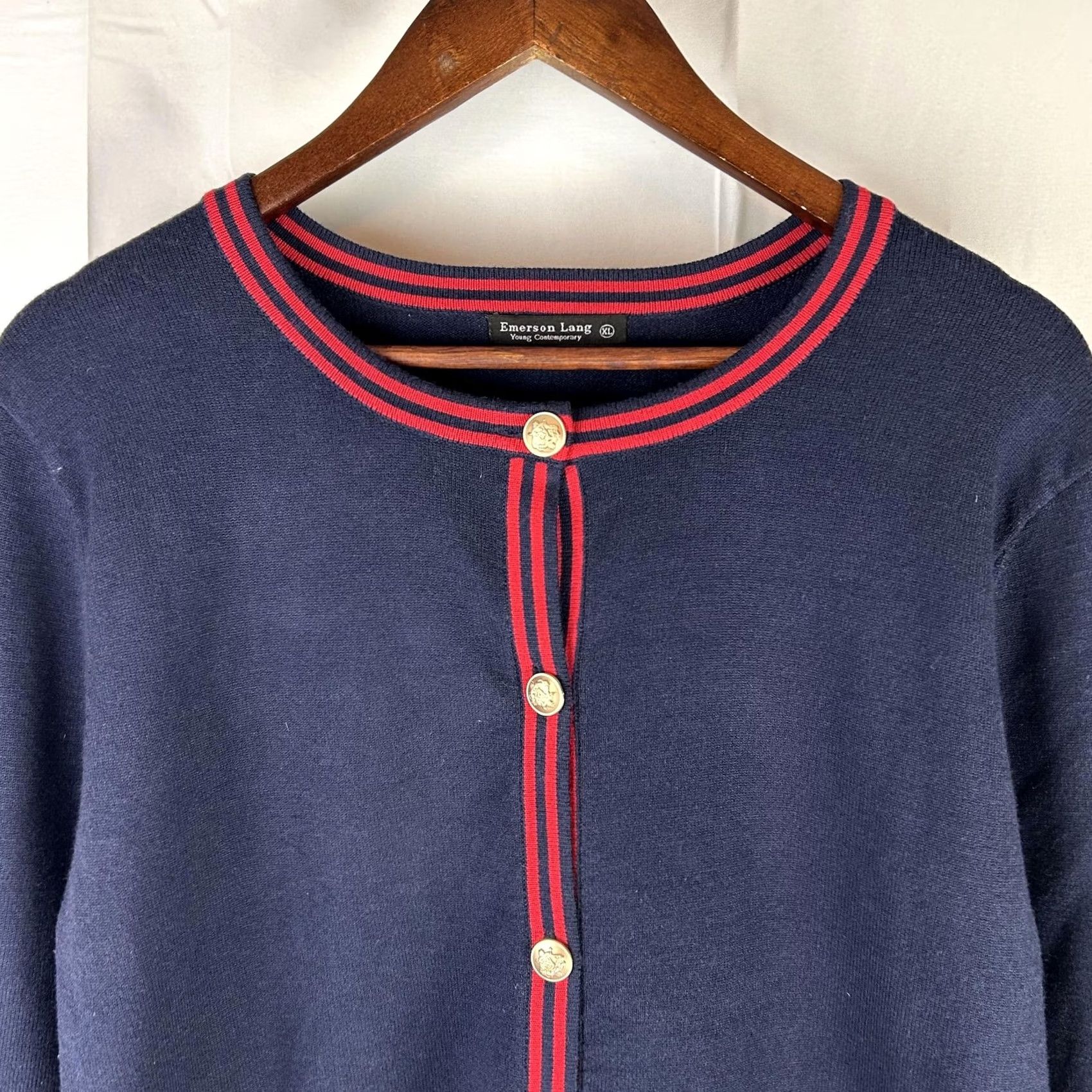 Vintage Emerson Lang Cardigan Sweater Womens XL Navy Crew Neck Stripe Trim Gold Button Size XL / US 12-14 / IT 48-50 - 2 Thumbnail