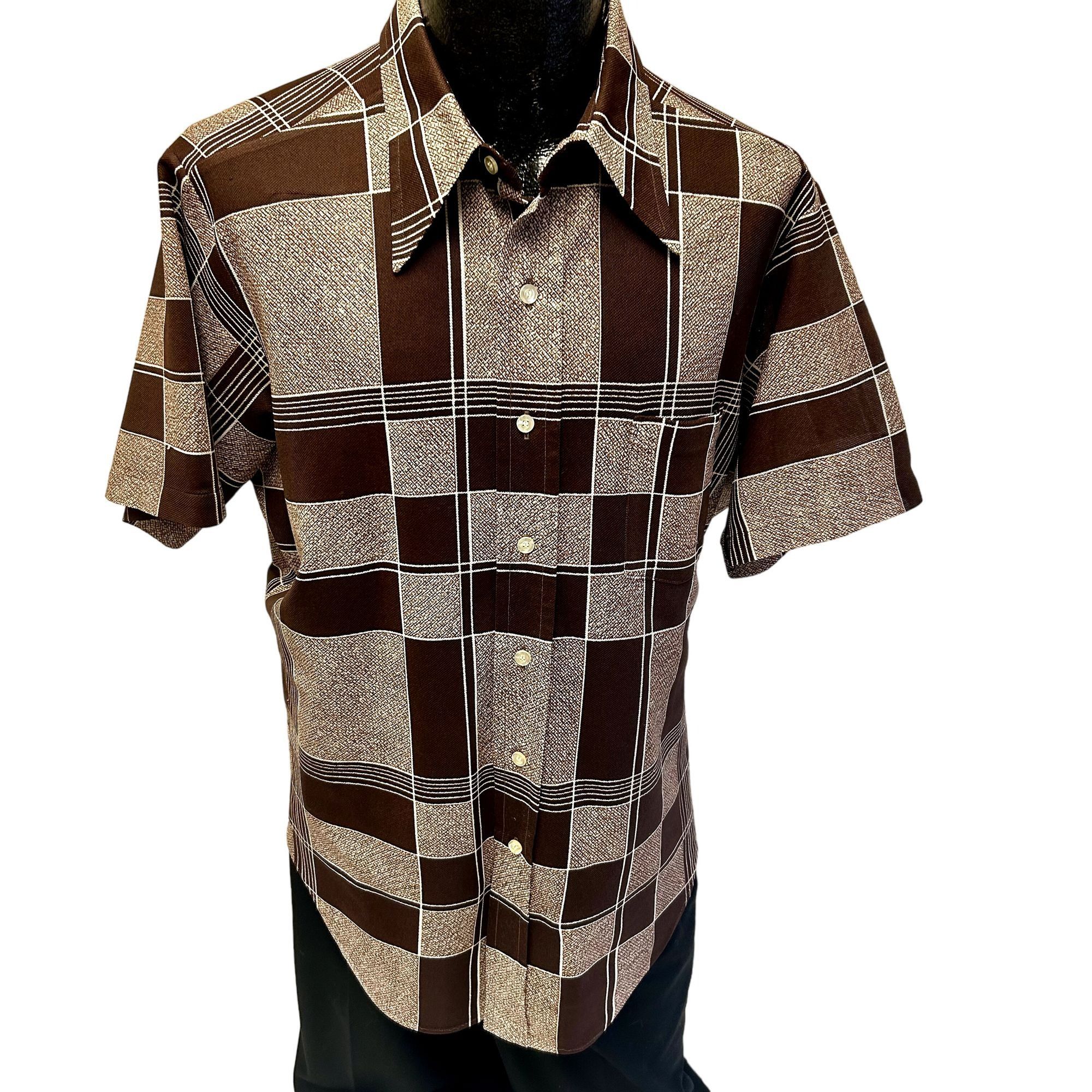 image of 70's Mcgregor Textured Knit Brown White Shadow Plaid Shirt, Men's (Size XL)