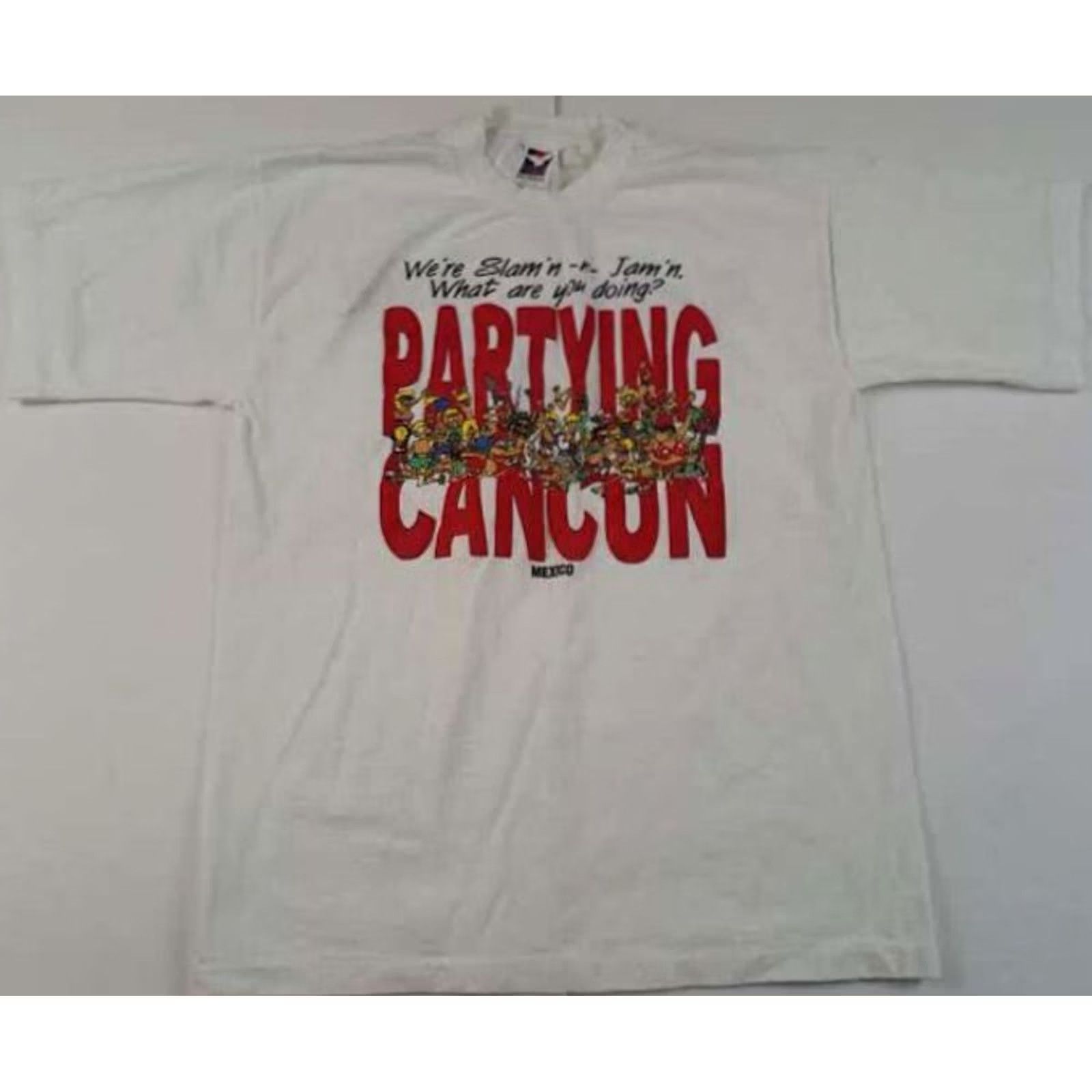 Vintage Slam'n&Jam'n Cancun Cartoon Party T-Shirt size L White 1995 single stitch Men Size US L / EU 52-54 / 3 - 2 Thumbnail